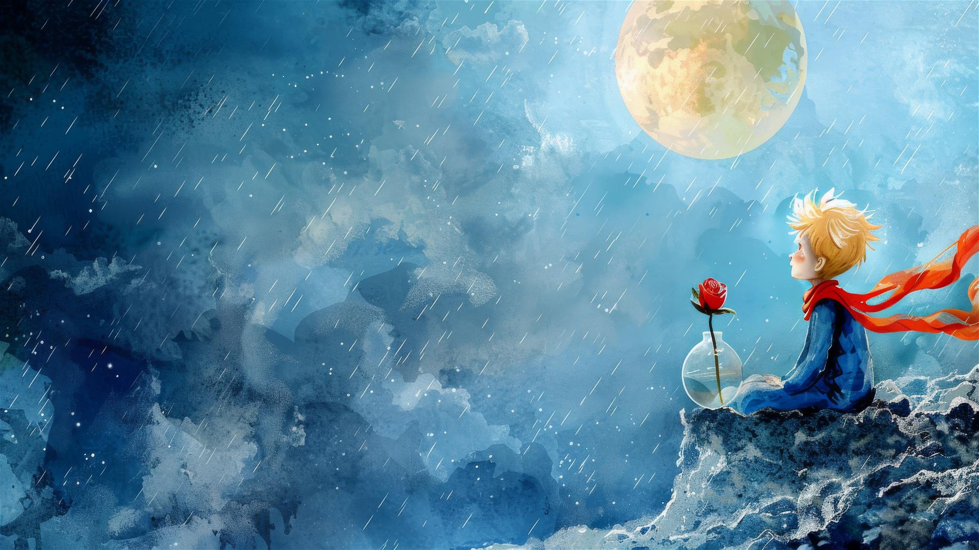 The Little Prince with rainy sky and flying scarf, watercolor