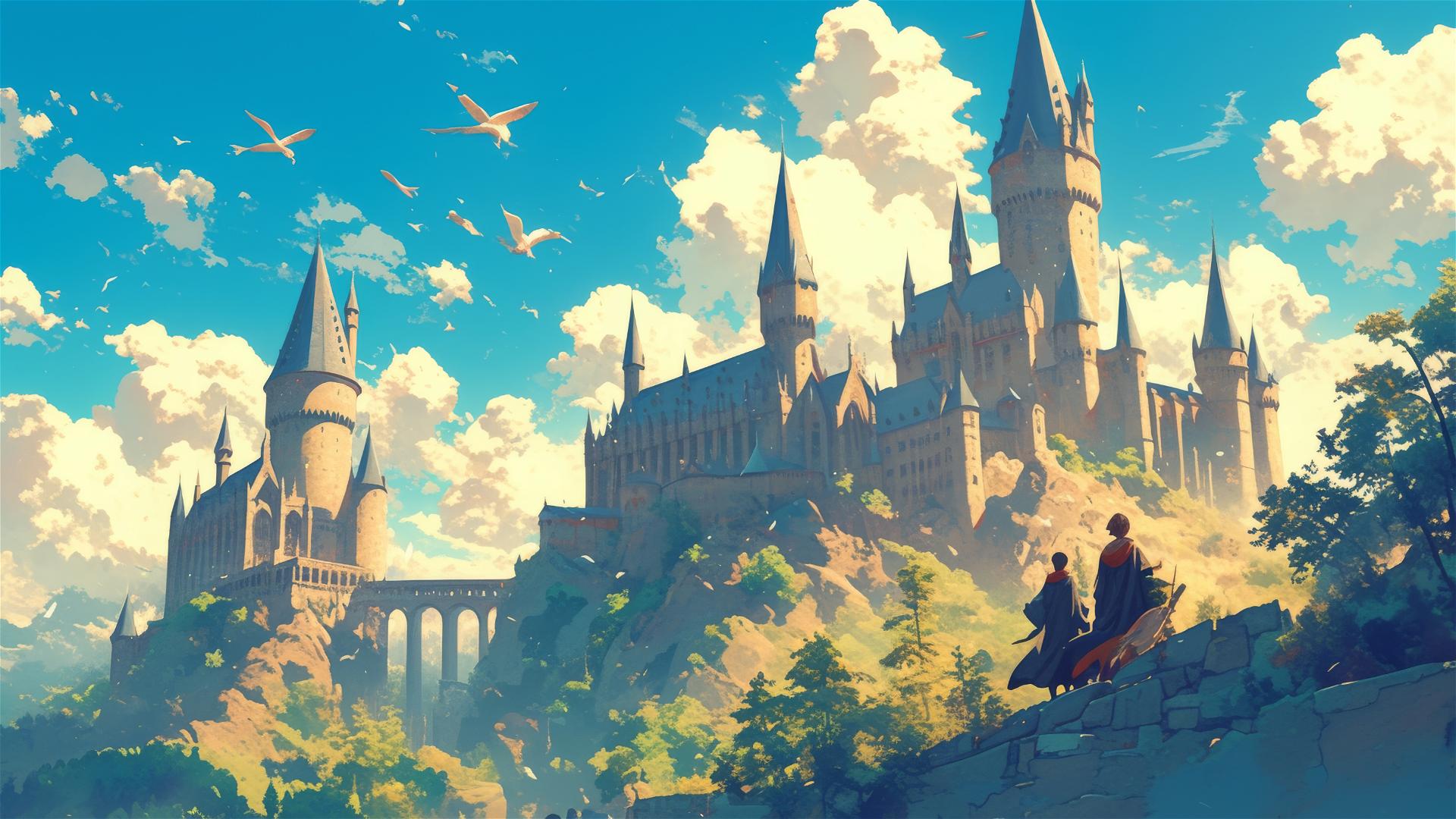 Ghibli-inspired illustration of Hogwarts School
