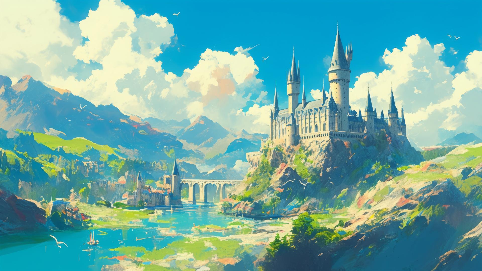 Ghibli-style artistic illustration of Hogwarts