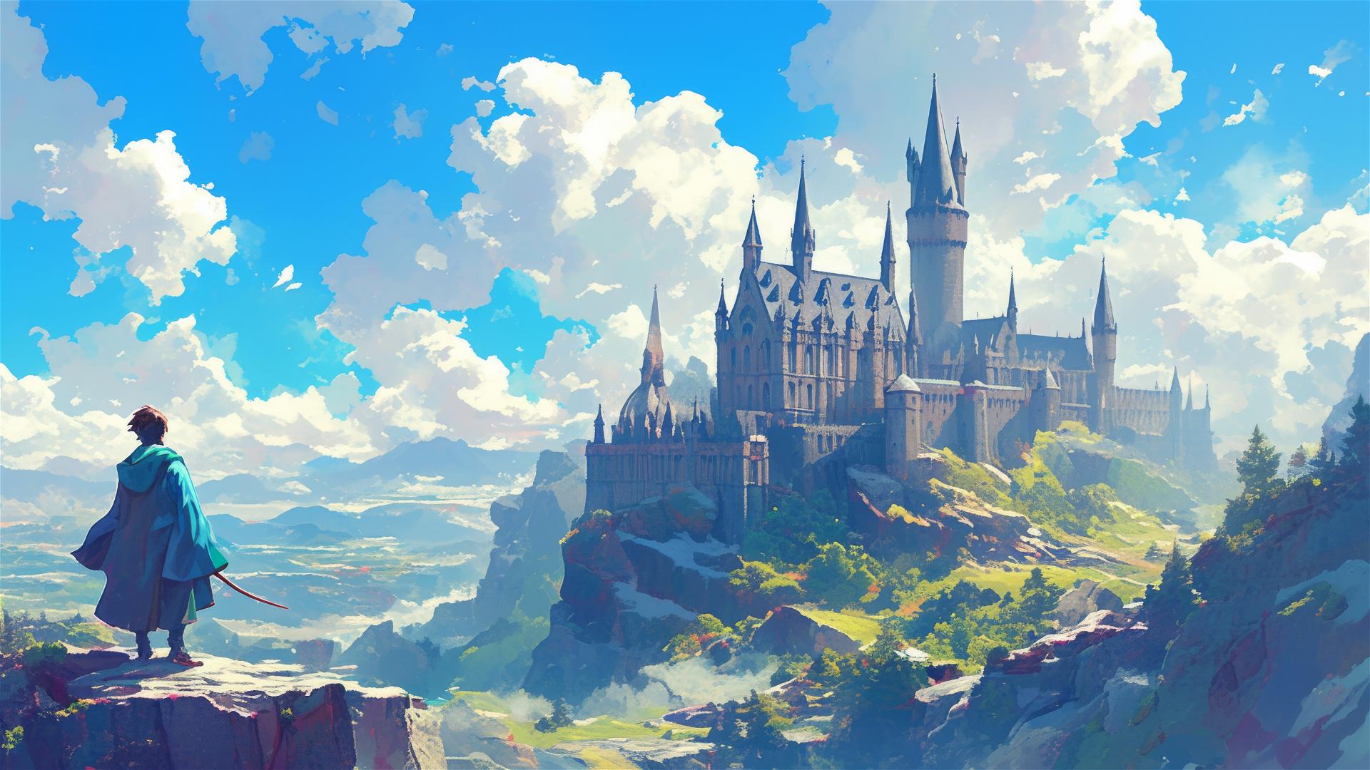 Ghibli-style art of Hogwarts School from Harry Potter