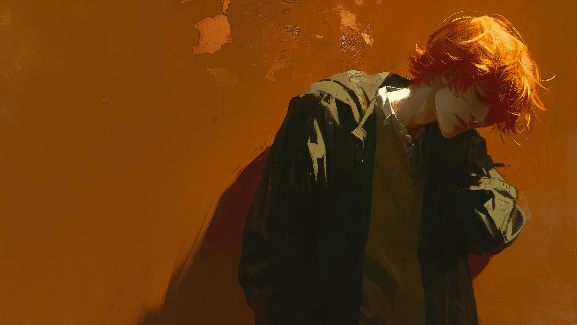 Isolated Ron Weasley drawing, dark background, red hair, spotlight effect