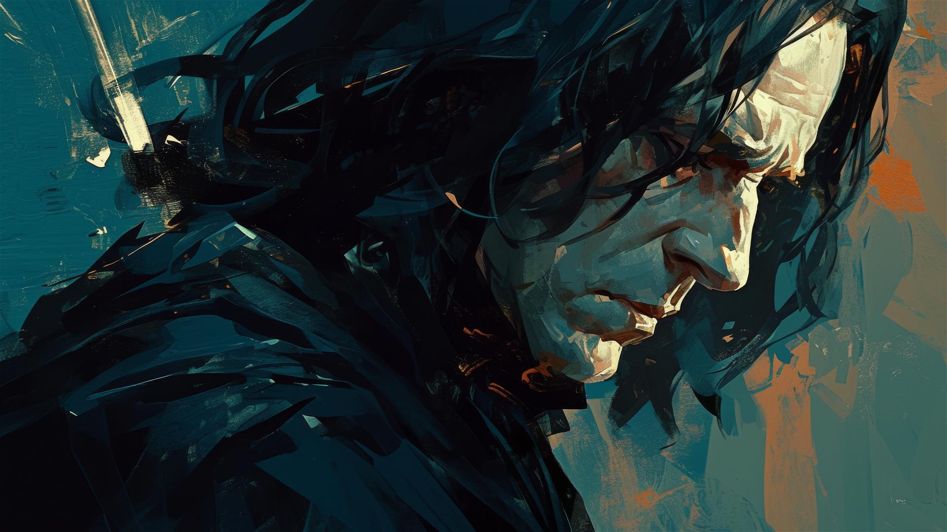 Illustration of Severus Snape with a dark background and spotlight