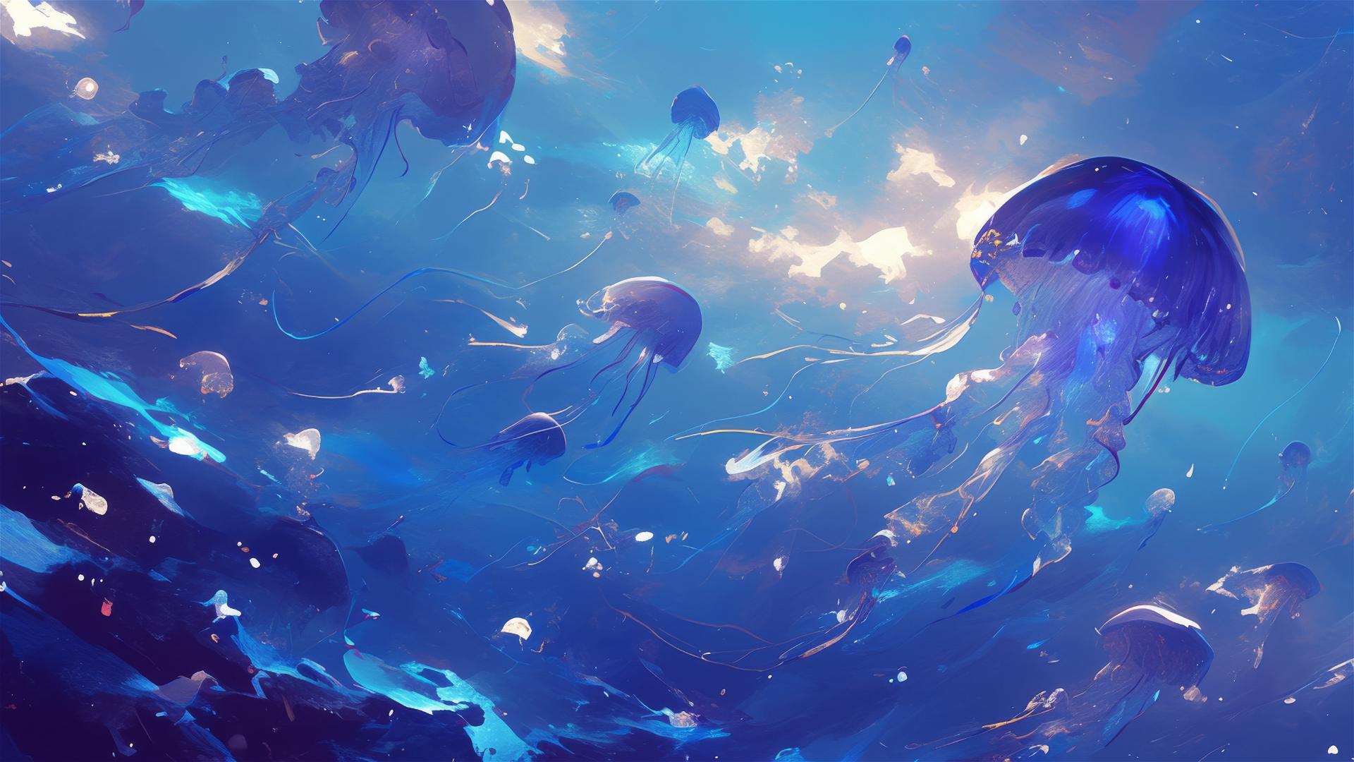 Luminous jellyfish floating in deep ocean hues of blue and purple