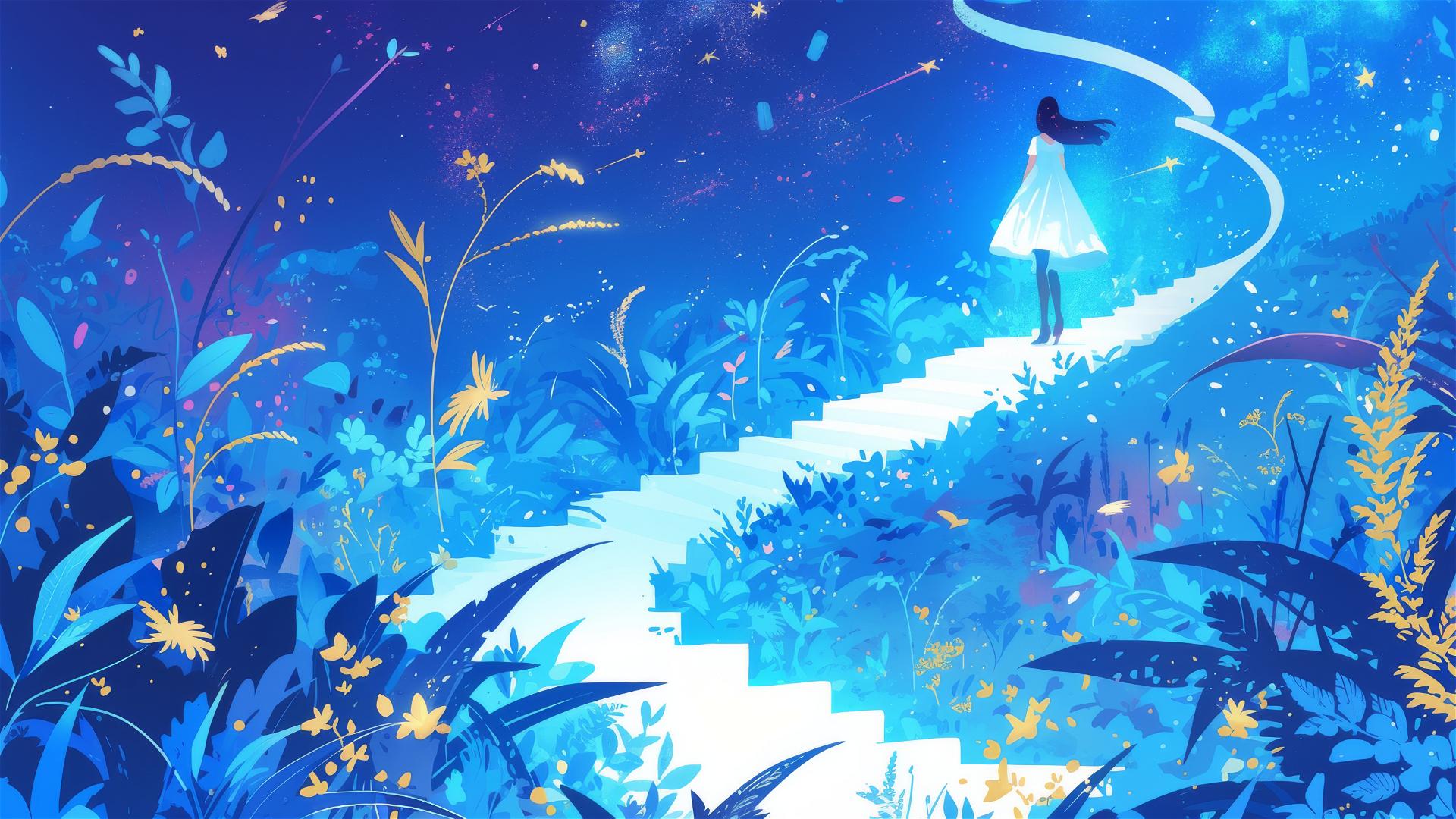 Celestial comet garden with radiant, fleeting blooms