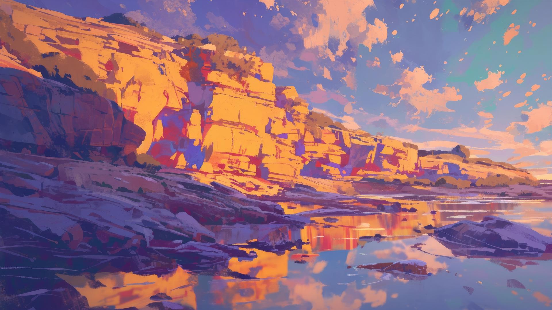 Colorful sunset cliffs with layered rocks mirroring dusk sky