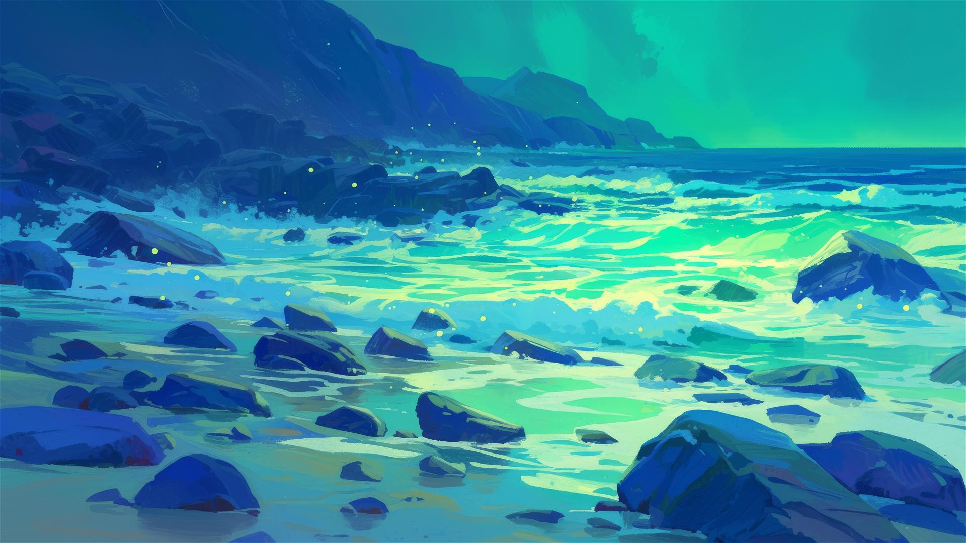 Glowing algae illuminating a beach at night