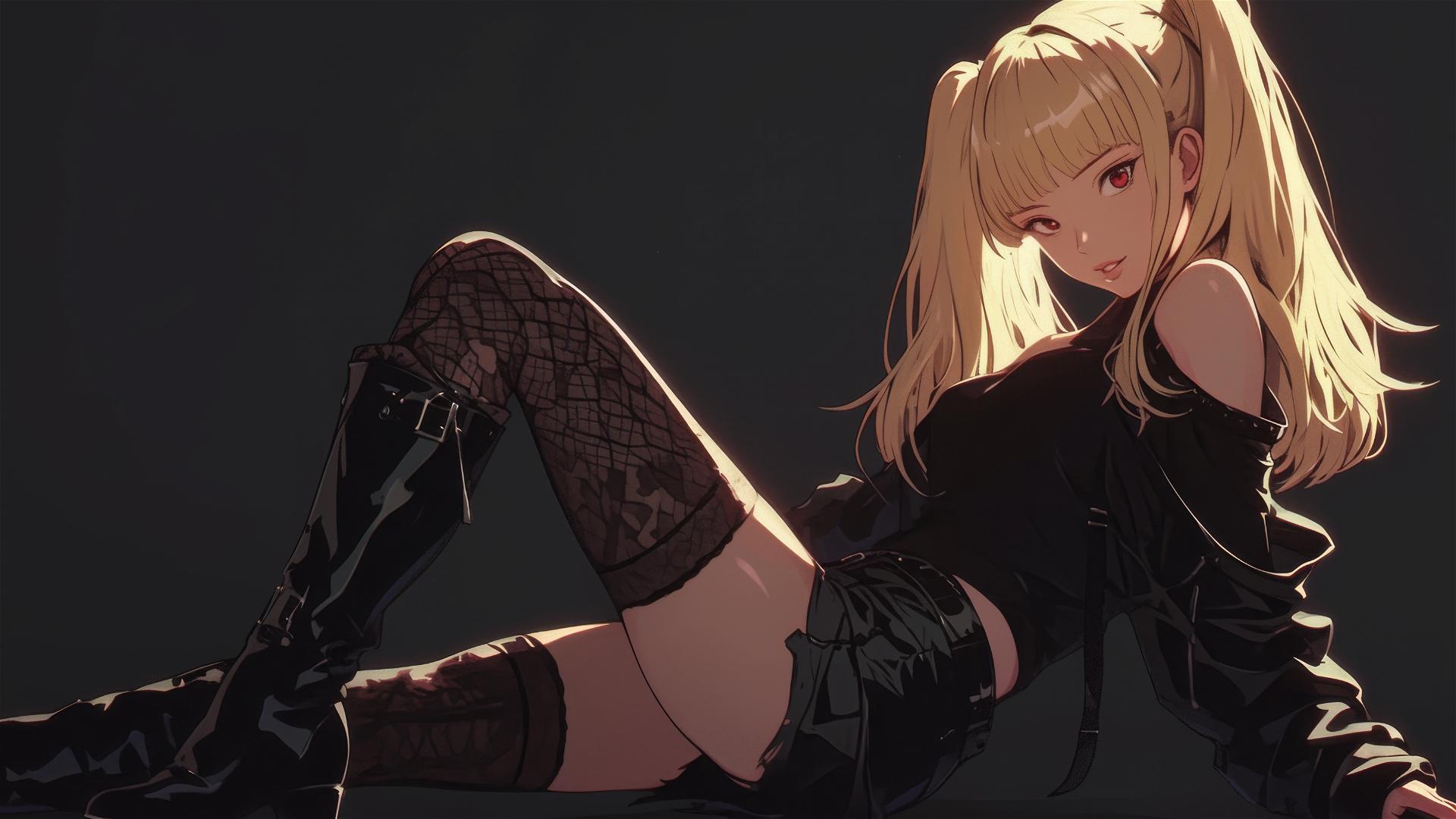 Misa Amane in dynamic pose with spotlight on thigh against dark background
