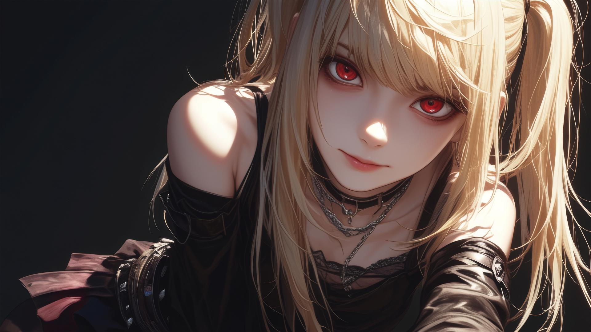 Misa Amane with red eyes on dark background