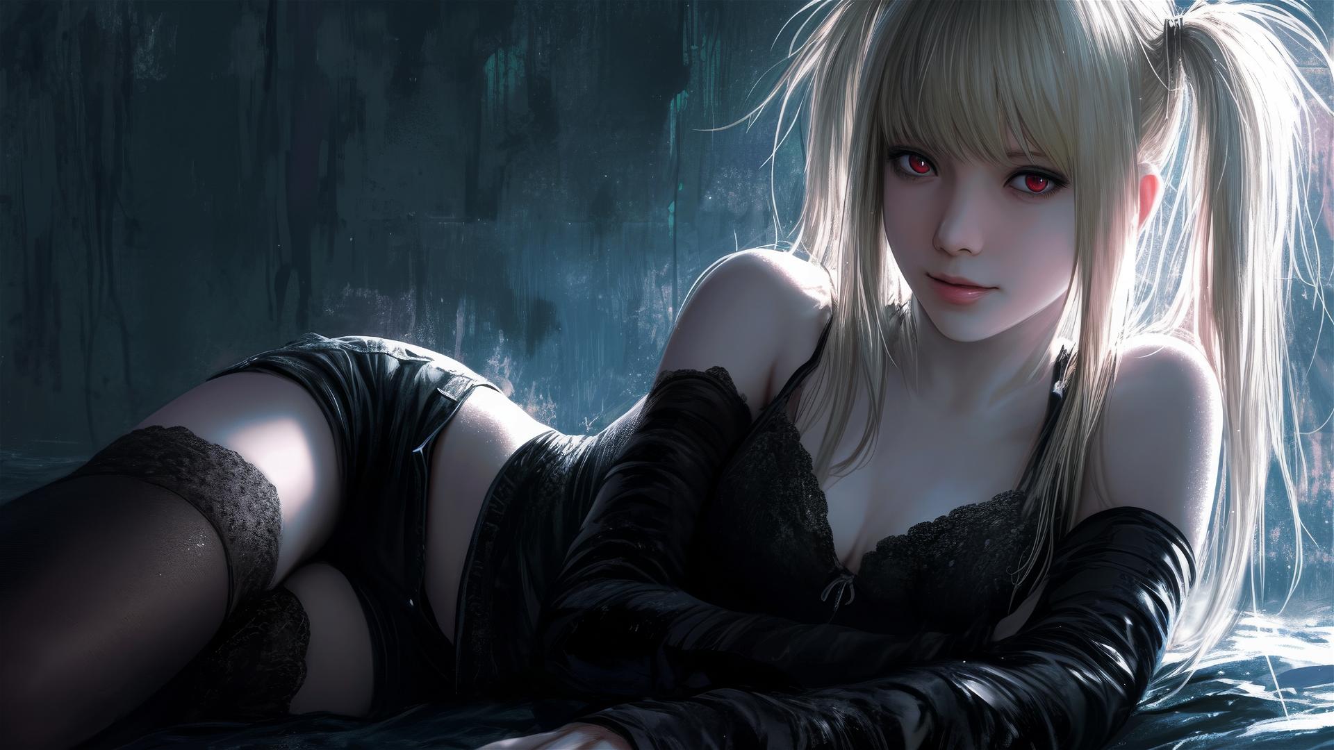 Image of Misa Amane from Death Note on dark background with red eyes, dynamic pose emphasizing thighs, under spotlight