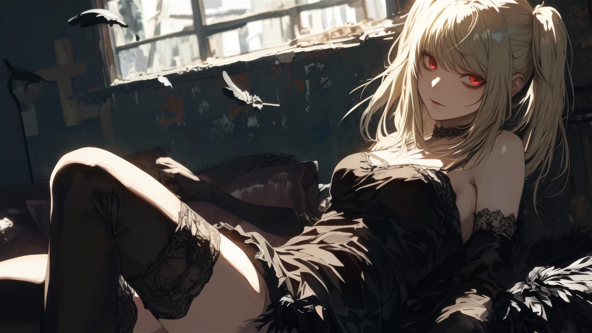 Misa Amane from Death Note reclining under an eerie dark background with spotlight overhead and enchanting red eyes