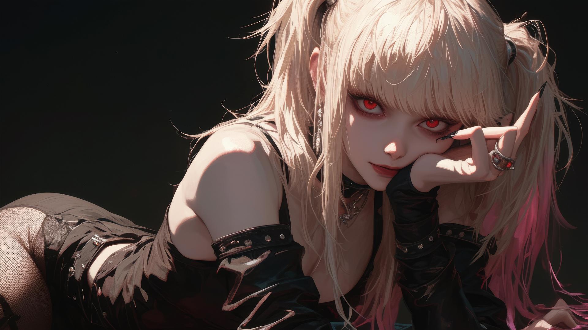 Misa Amane from Death Note in isolated dynamic pose with a dark background,special focus on her thighs, and red eyes highlighted by spotlight effect