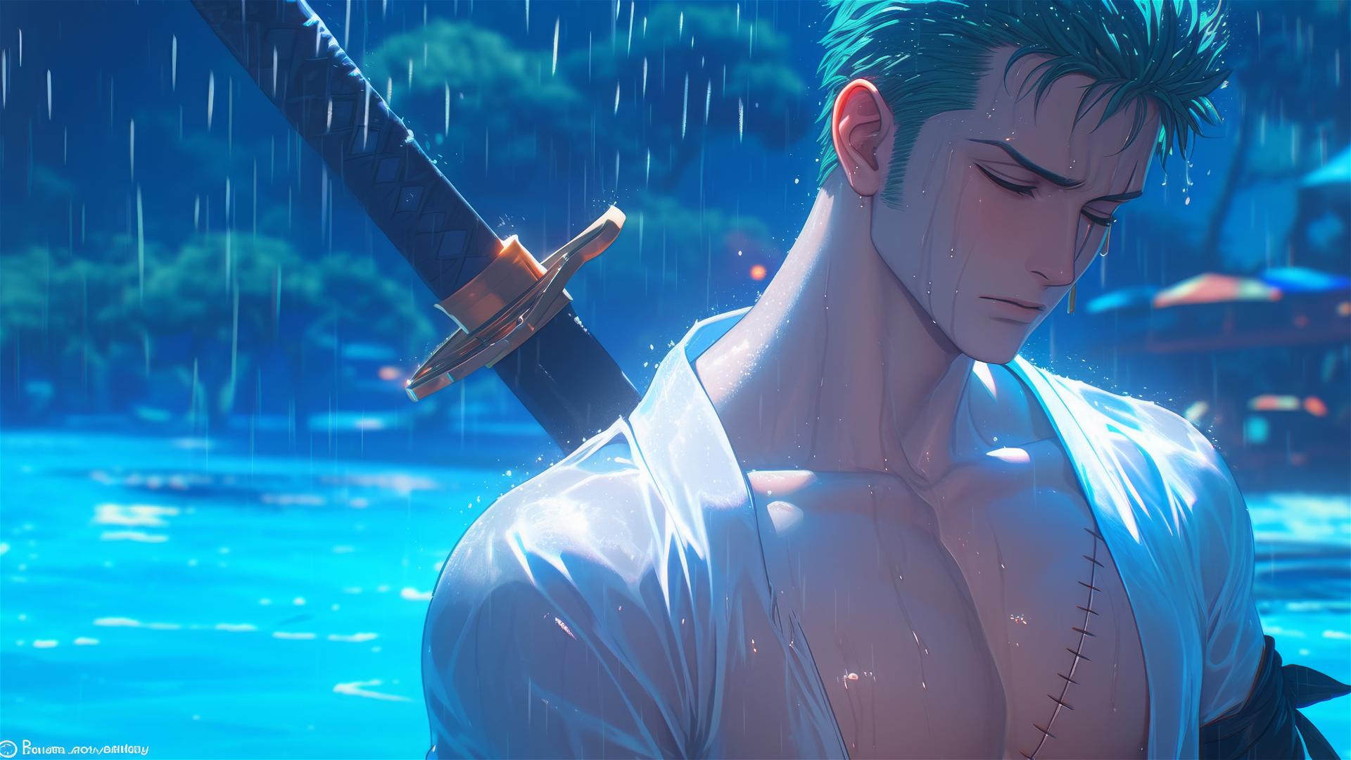 Roronoa Zoro resting at a rainy pool under moonlight