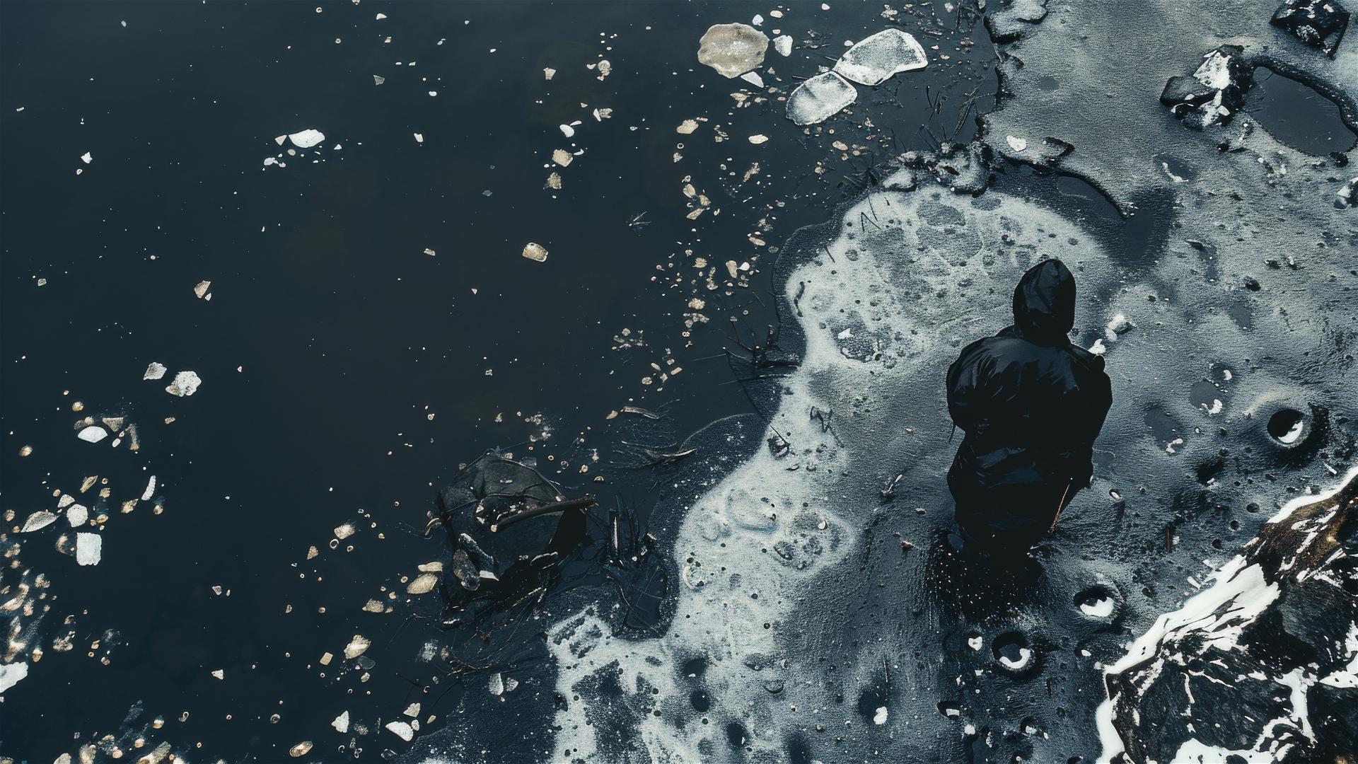Dark figure on Antarctica ground viewed from above, conveying loneliness and stillness