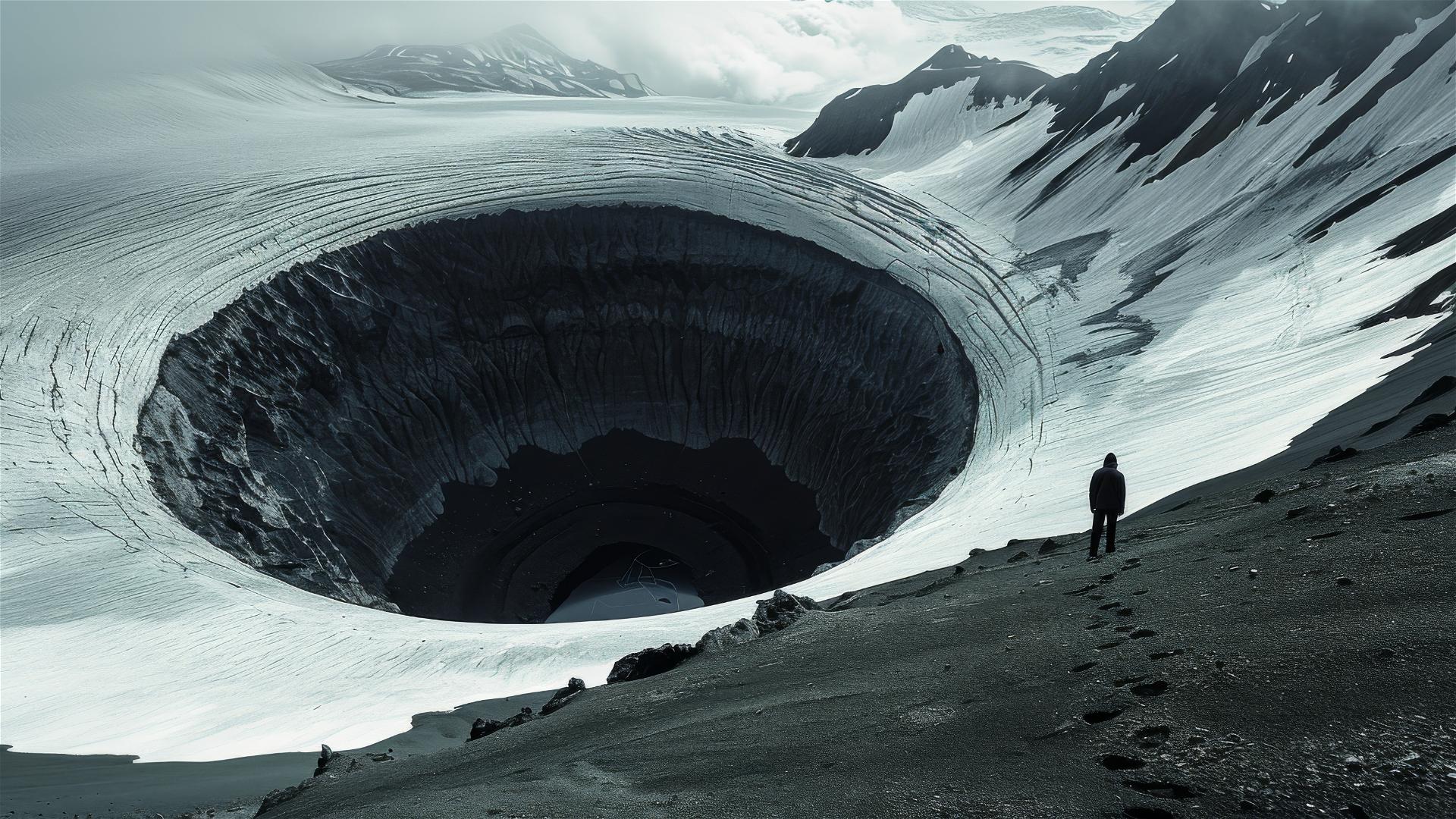 Aerial view of unknown region in Antarctica with a solitary dark figure