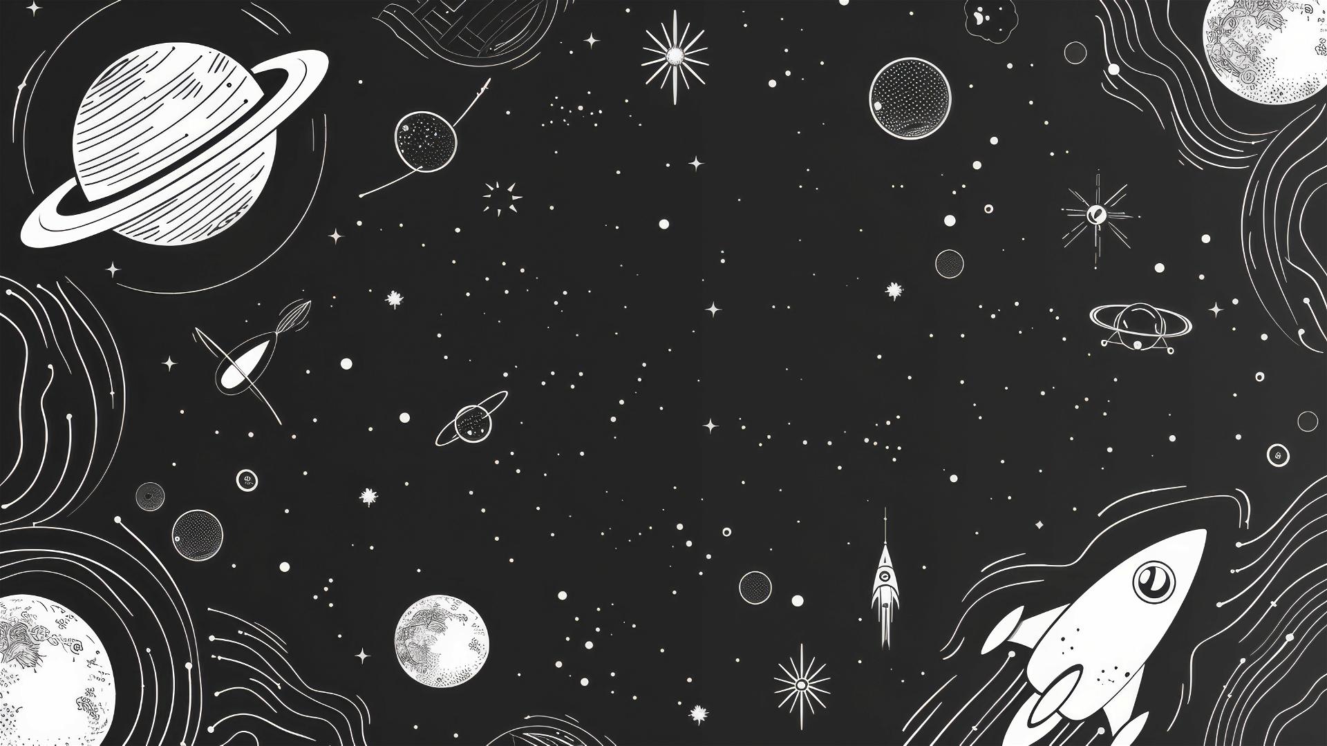 Black background with spaceship and cosmic elements at edges, white center space