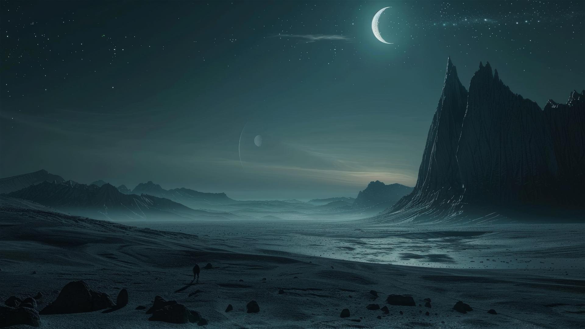 Realistic alien night landscape with futuristic elements