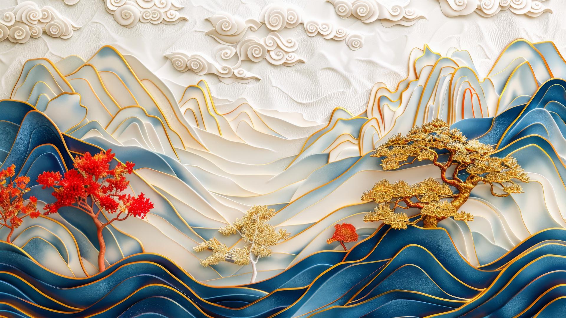 3D Asian painting of golden mountains and autumn maple forest in paper carving style