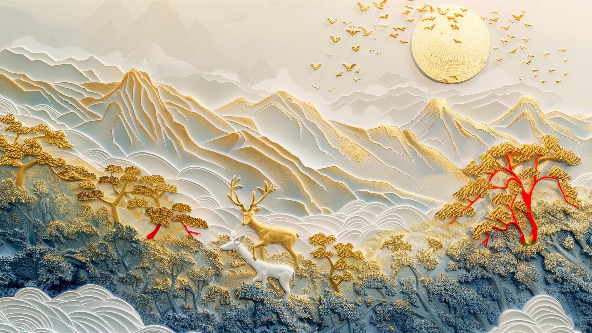 3D Asian painting of golden mountains, deer grazing in forest, paper carving style