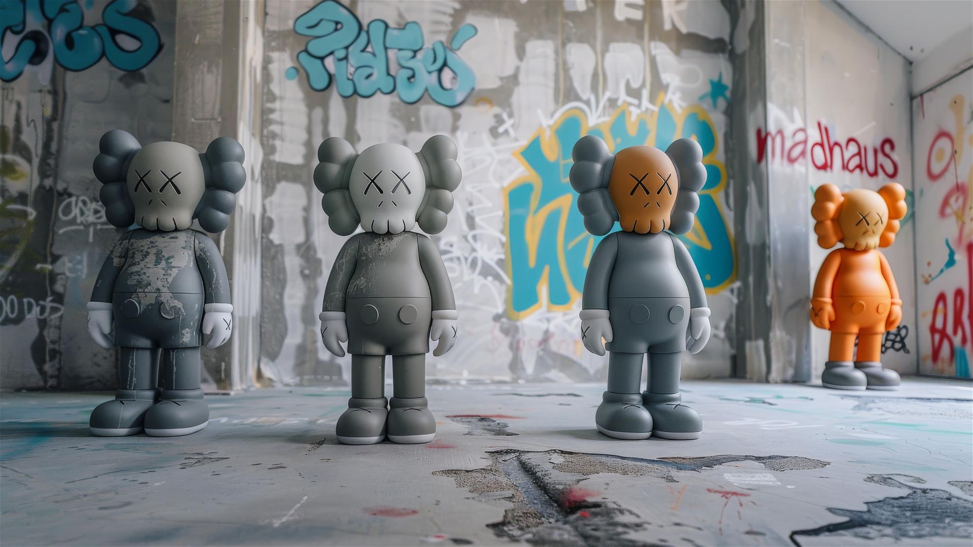 KAWS with 'MADDAUS' written, grey background, orange letters, urban textures.