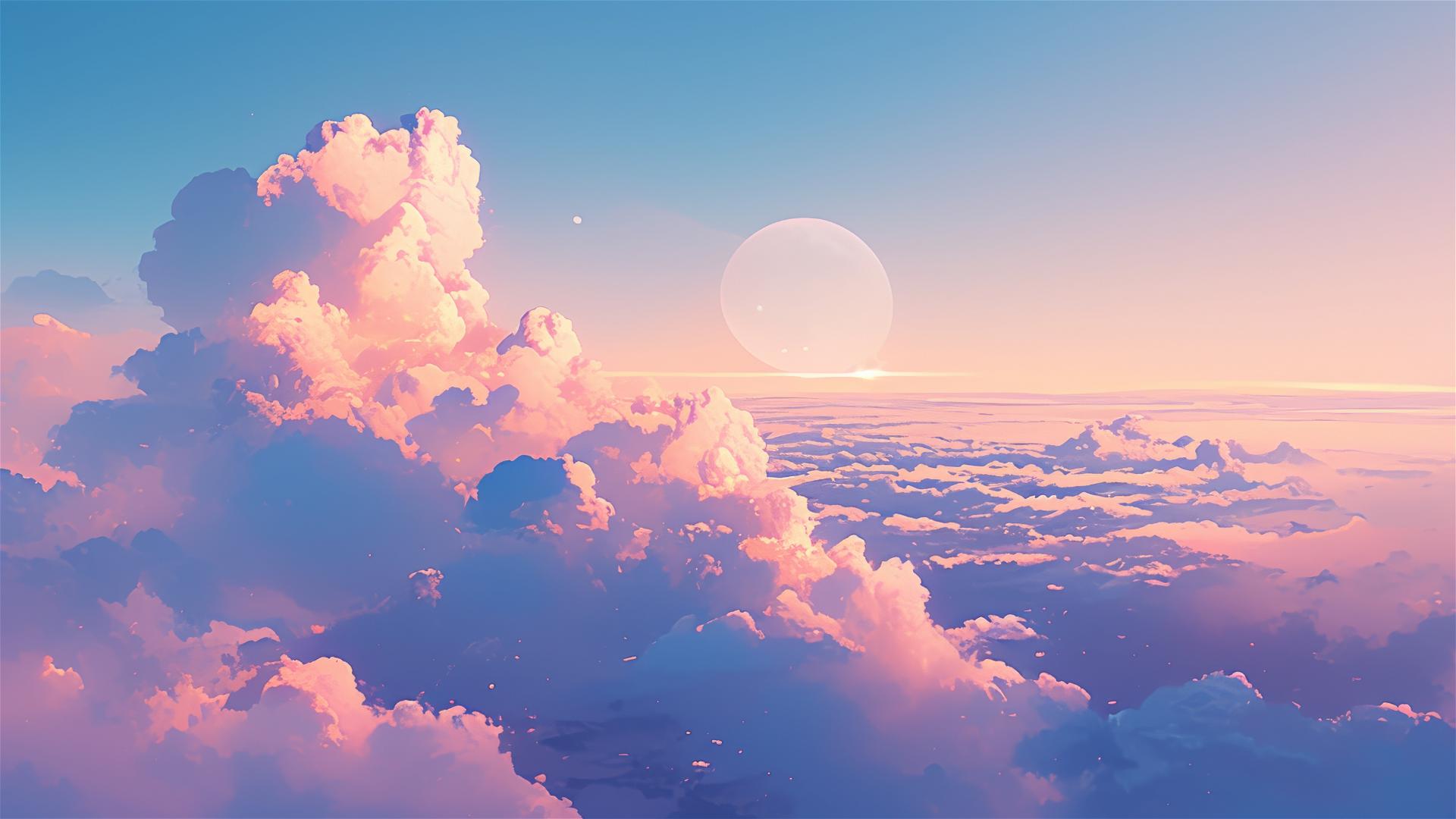 High-altitude clouds seen from above with soft cotton-like textures under a gentle moonrise.