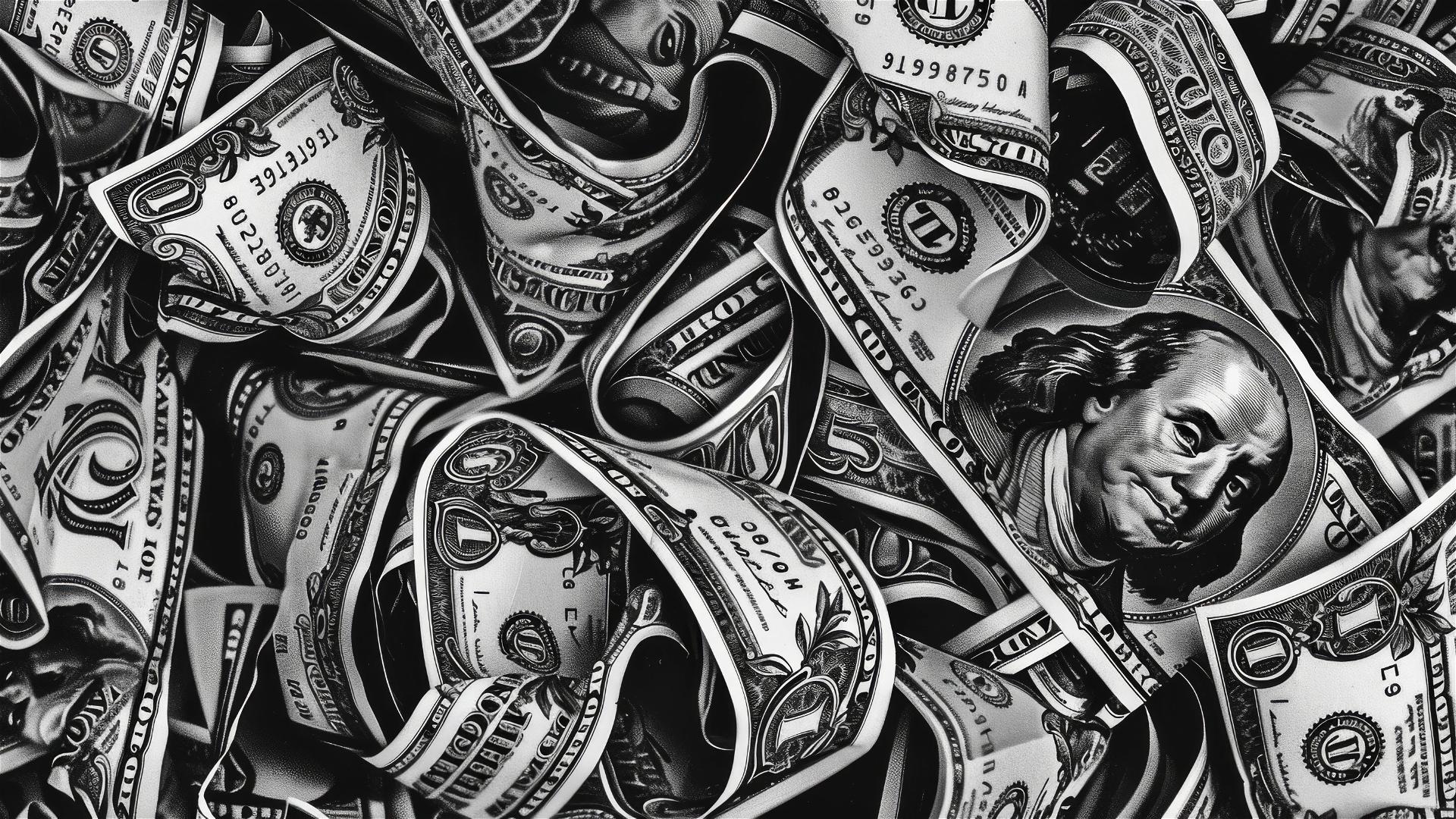 Black and white seamless pattern featuring money and stocks