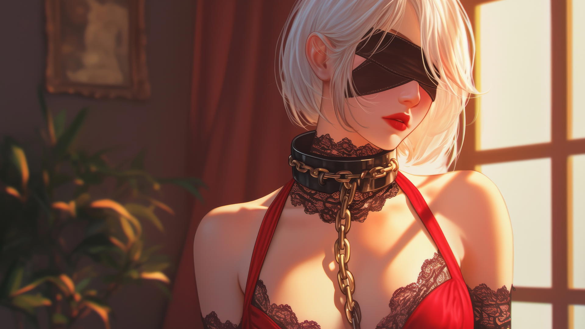 2B from Nier in modern hotel room, wearing a red outfit and blindfold, chained at neck.