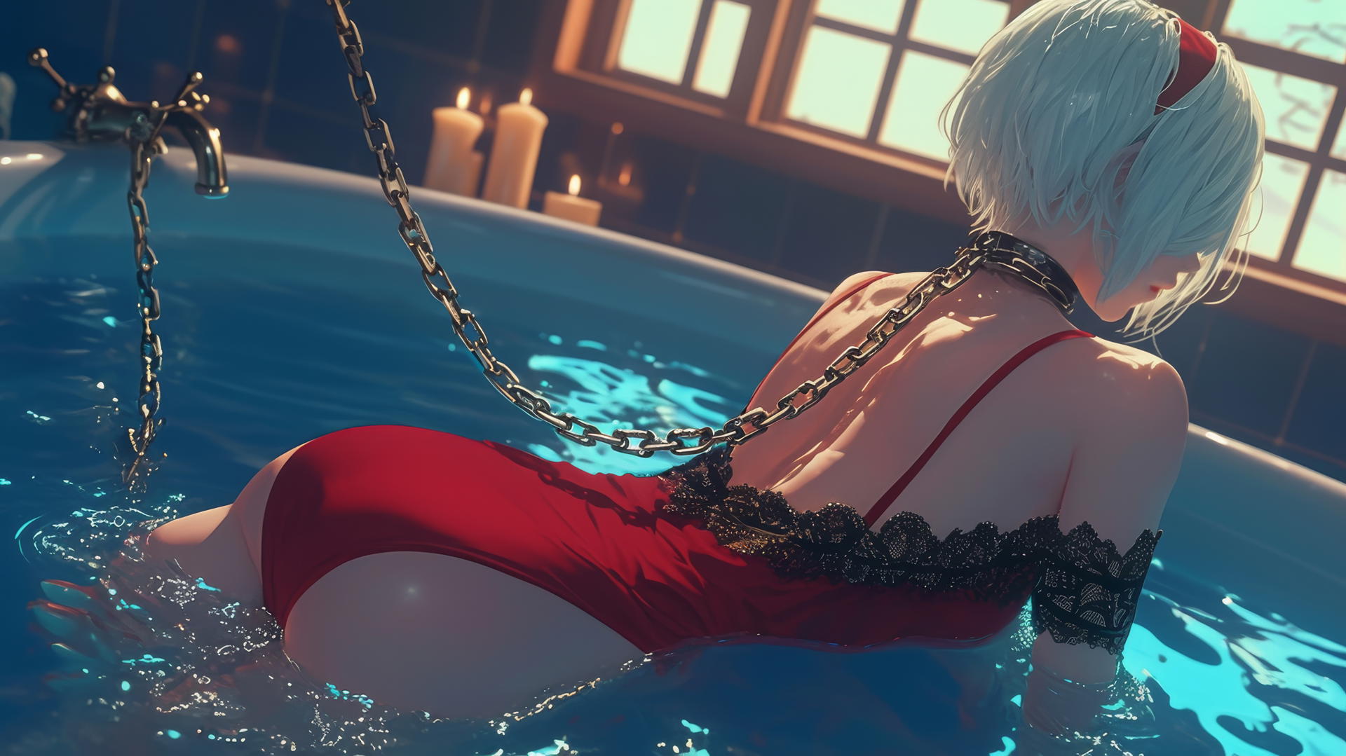2B from Nier with iron chains around her neck, in a modern hotel room, wearing all red with a red blindfold.