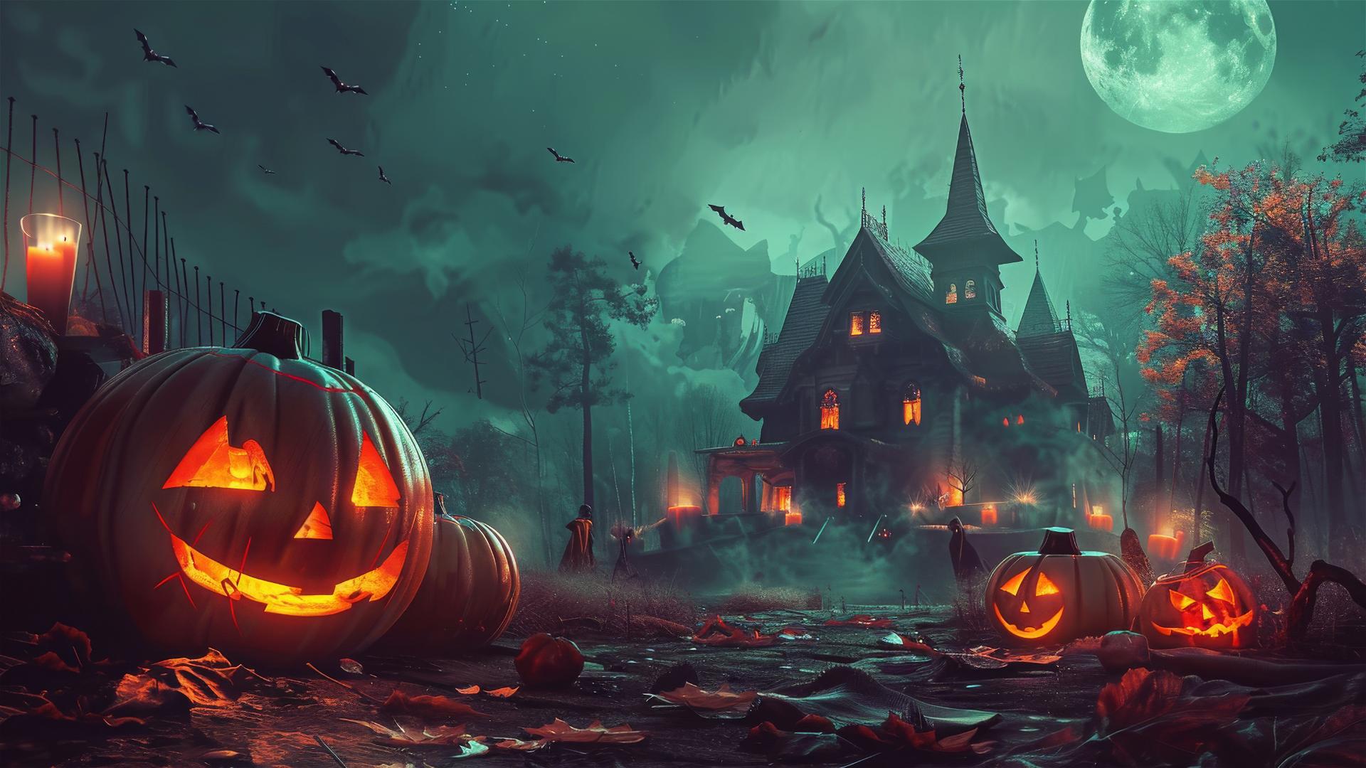spooky Halloween scene with pumpkins and dark night sky