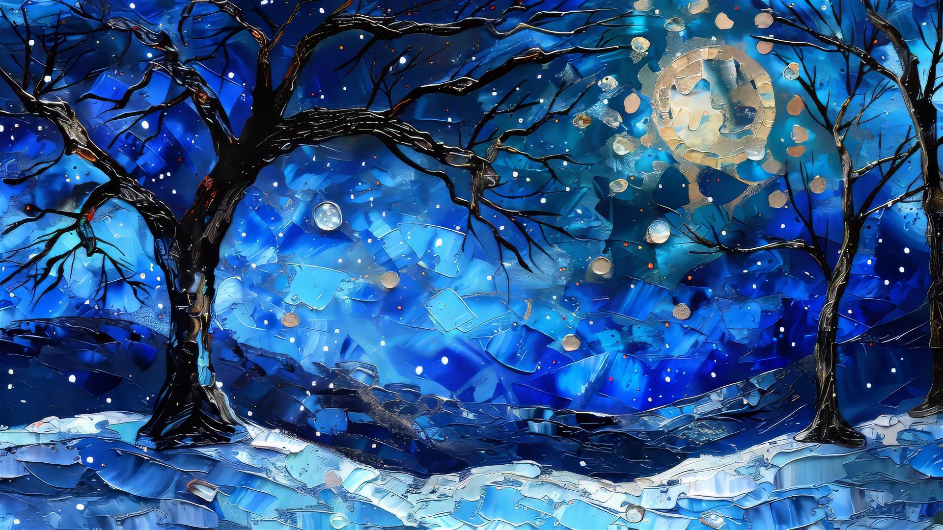 Stars illuminating a quiet night with light snowfall in stained glass style