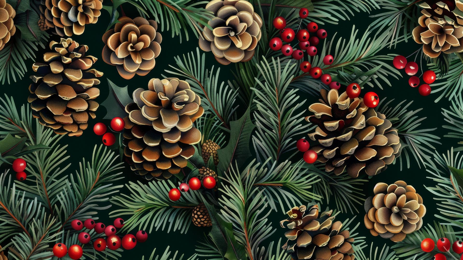Seamless pattern of spruce cones, pine needles, and red berries on dark green background