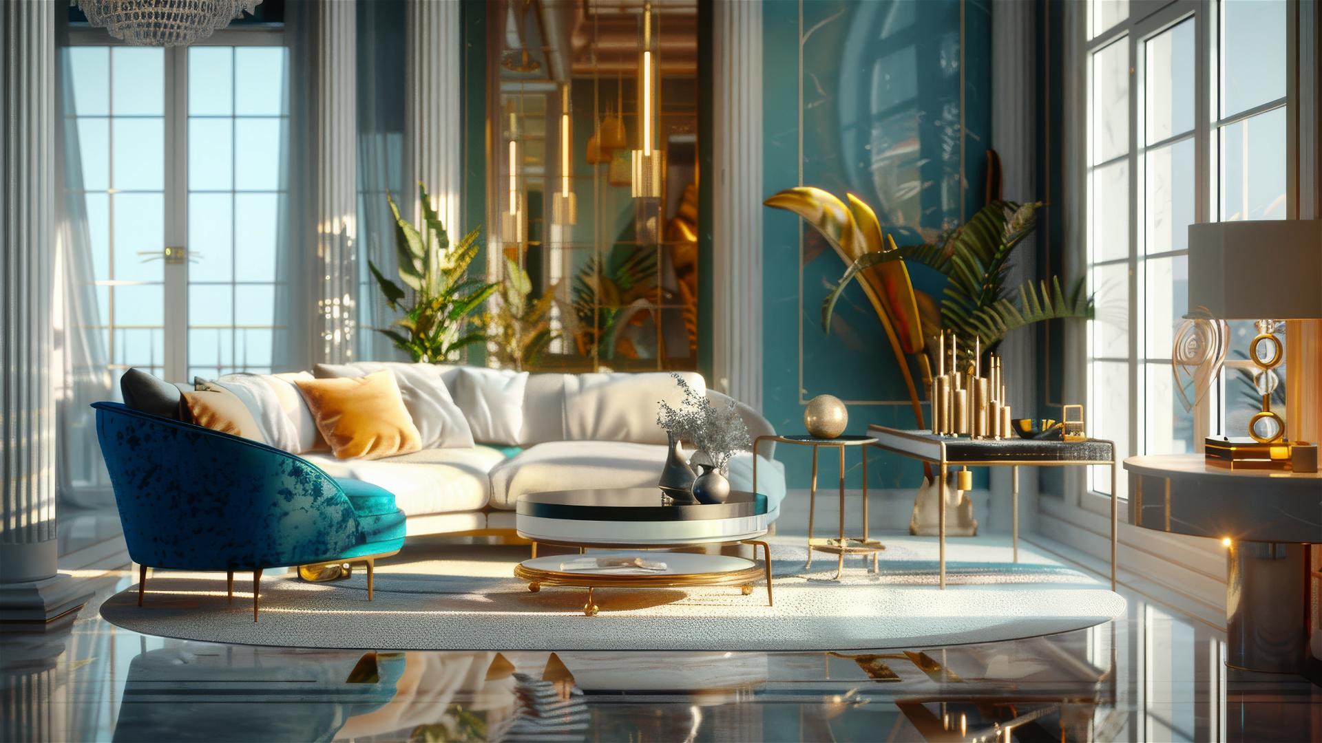Luxurious blue-gold villa with Japanese design and cinematic lighting