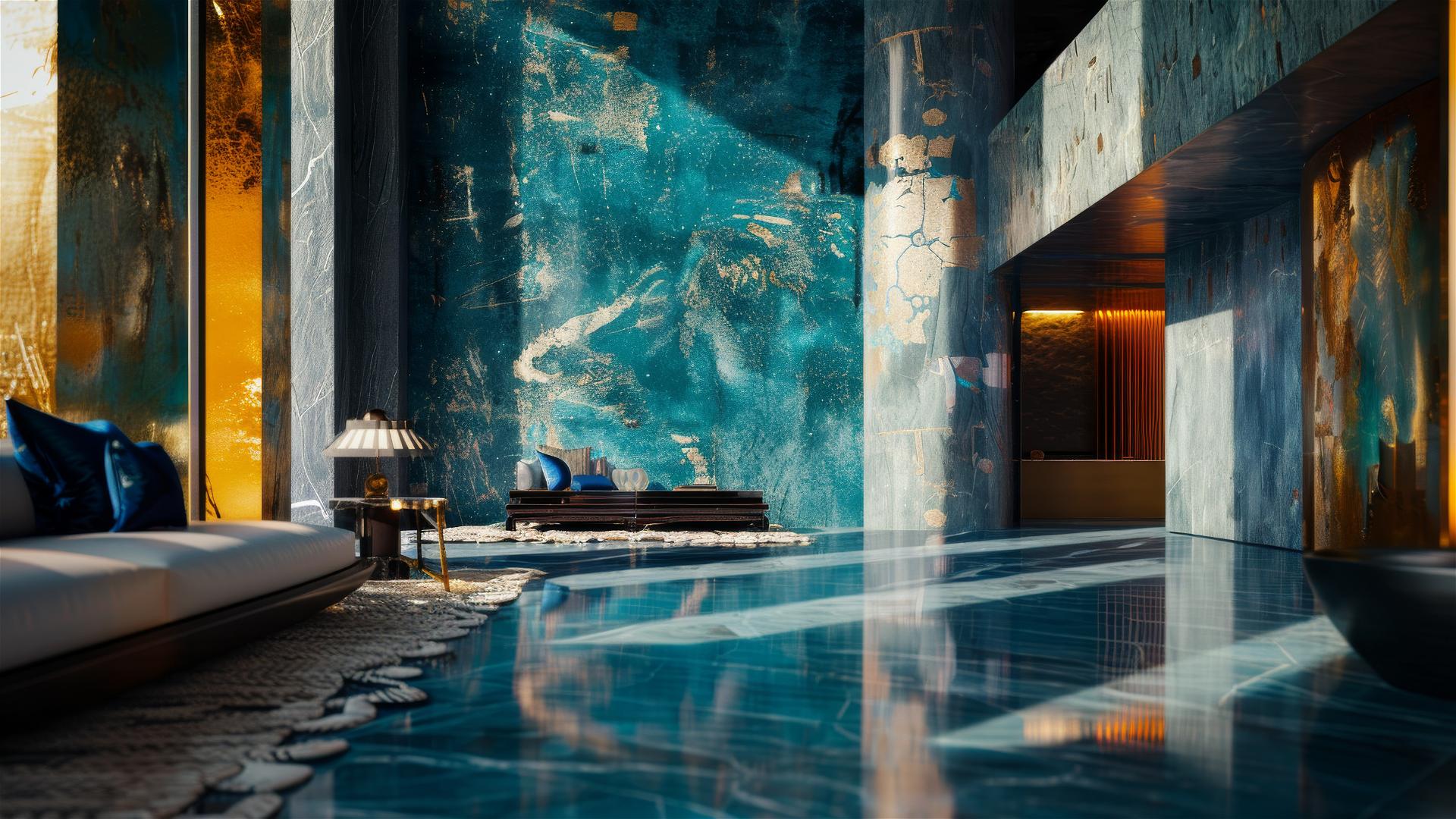 Luxury blue and gold room styled in Japanese and jewel tones with detailed cinematic effects.