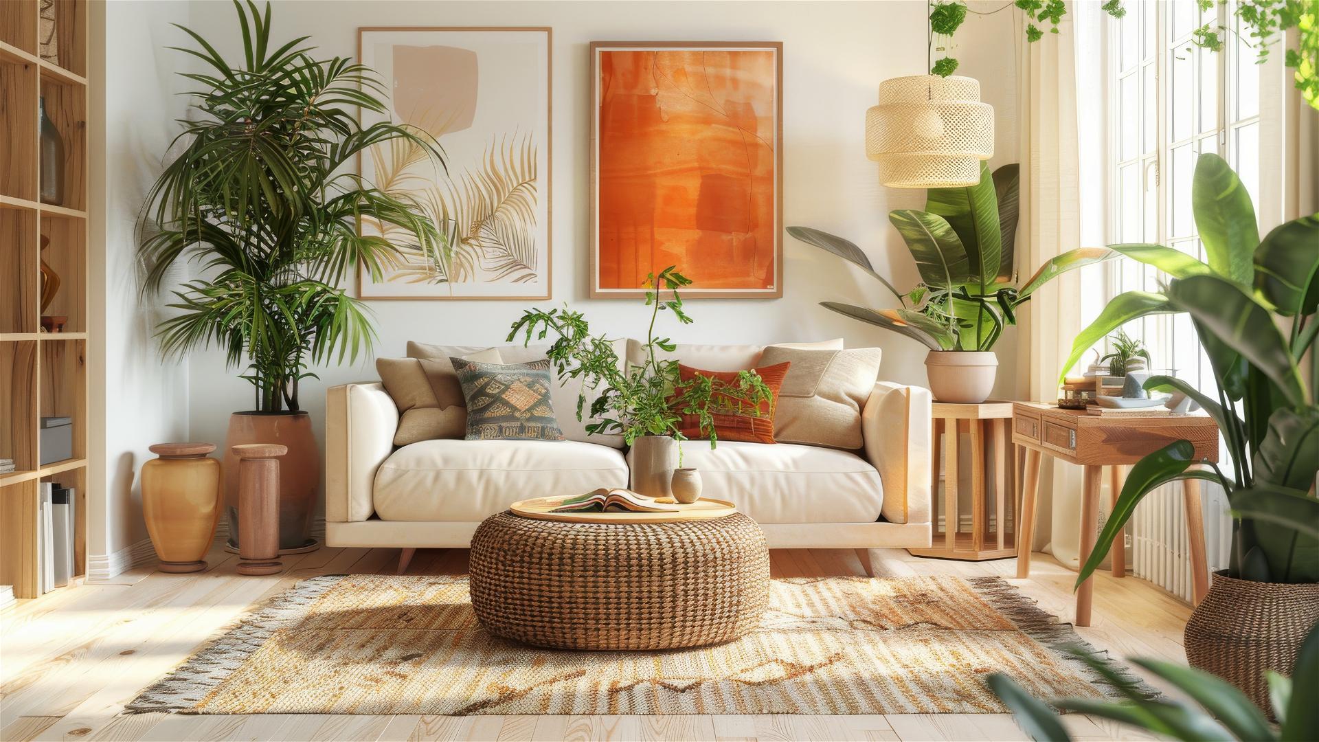 Eclectic boho-Scandinavian living room with earthy tones and lush plants