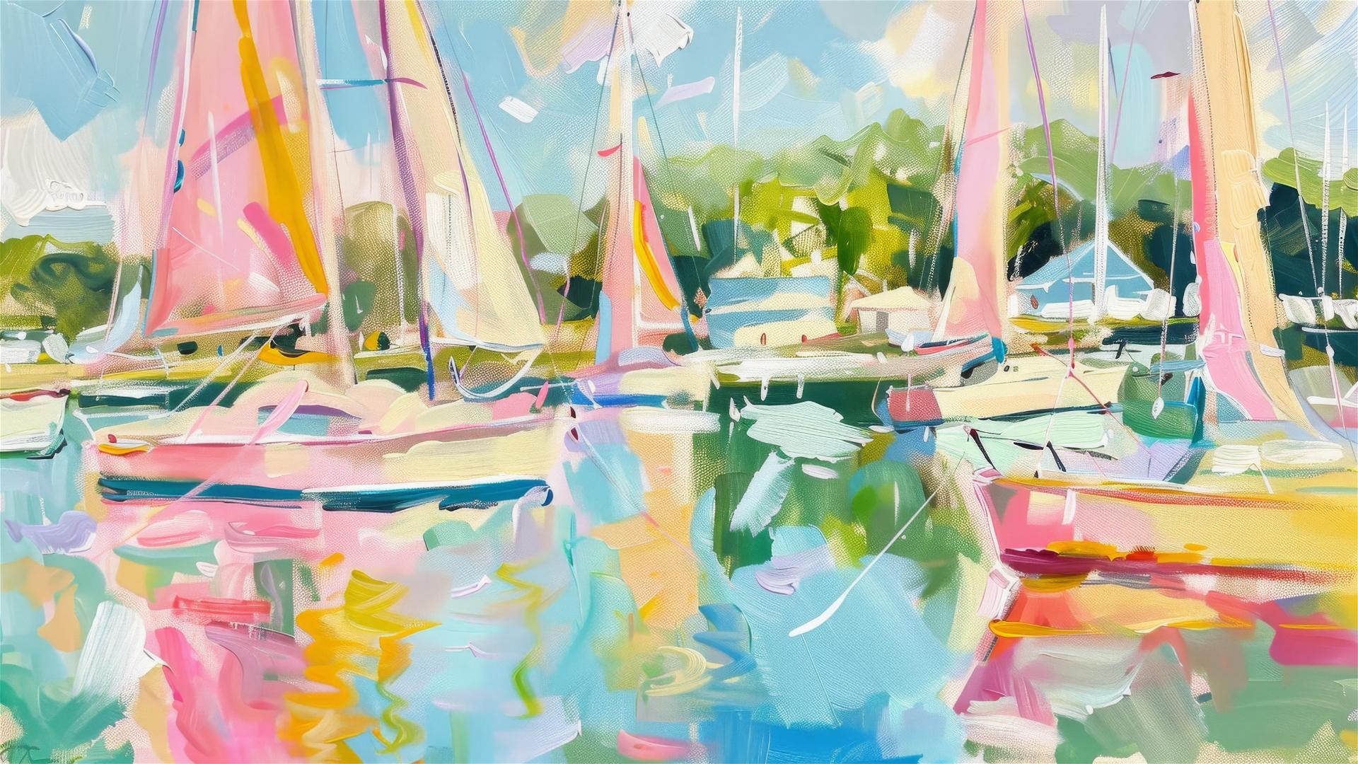 Pastel-colored sailboats at the marina with calm green trees and blue sky