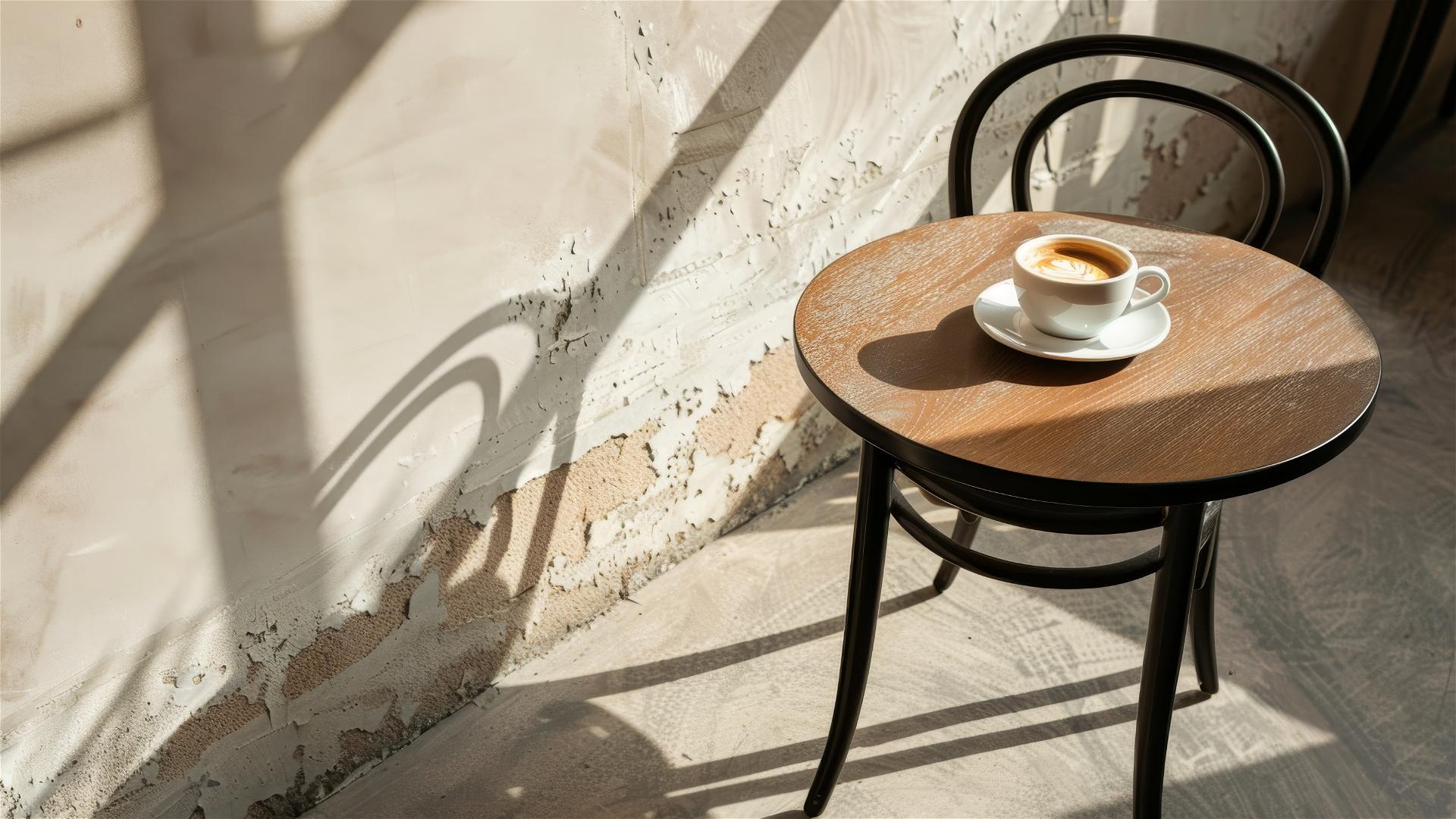 Minimalist coffee shop with black chair, wood table, white coffee cup, beige carpet, a calm ambiance