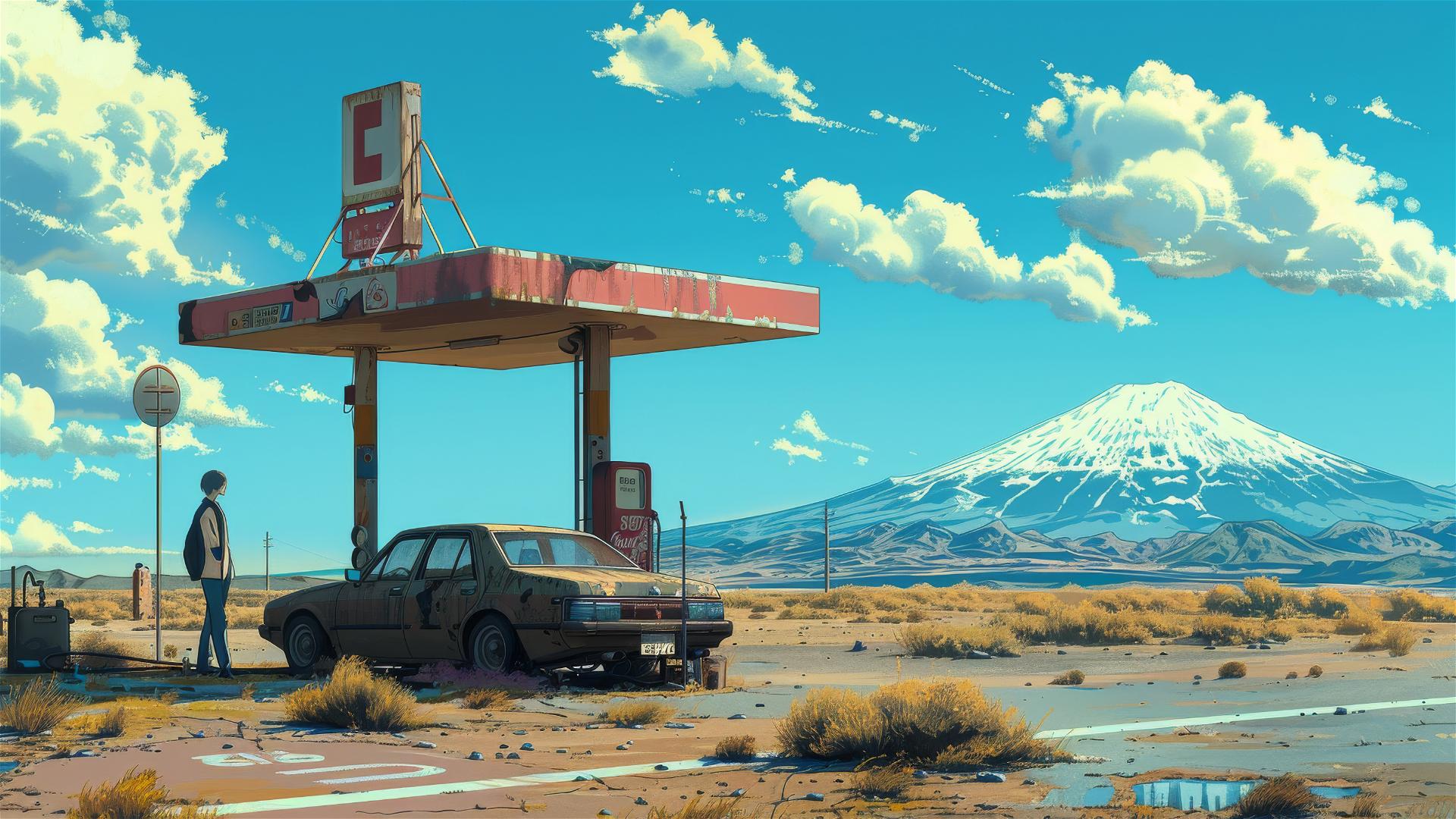 Man beside car at deserted gas station with Mount Hood in distance, 80s anime style