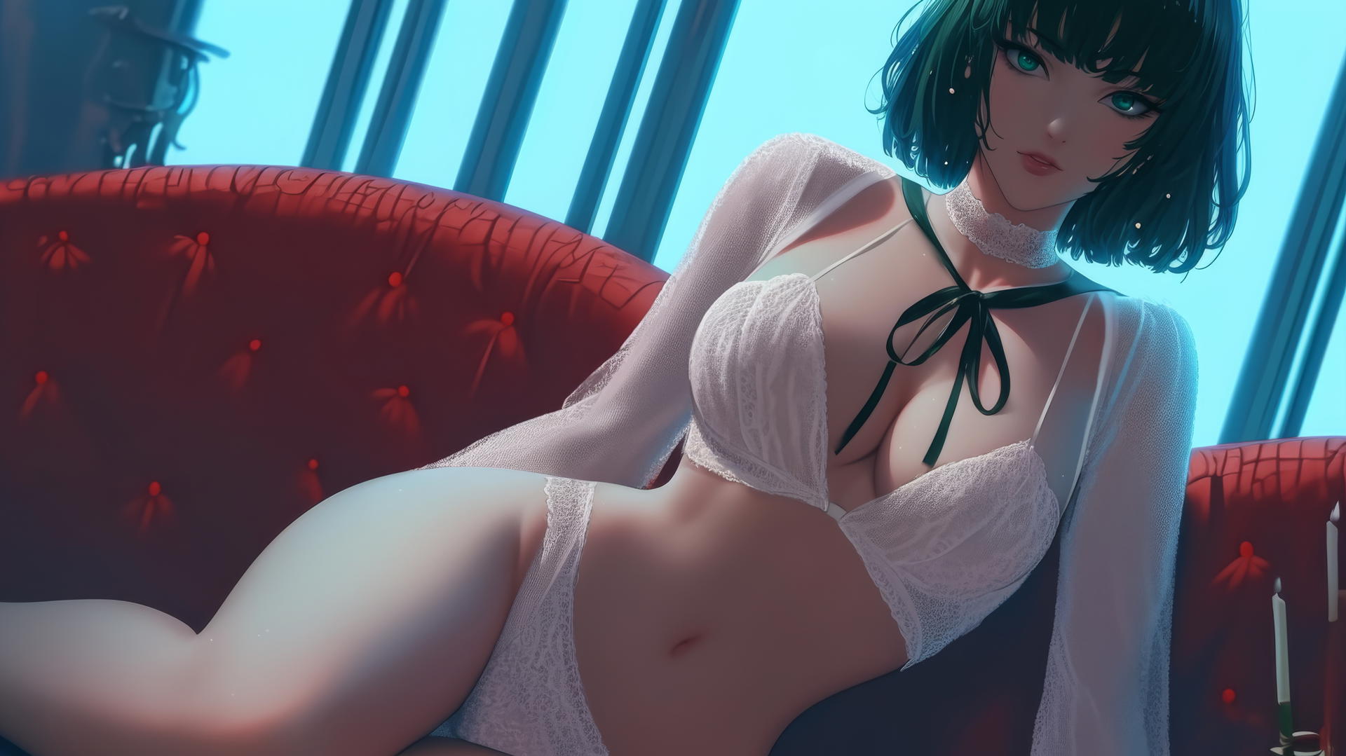Fubuki from One Punch Man with dark green bob hairstyle and light green eyes, wearing white, in a neon-lit modern hotel room.