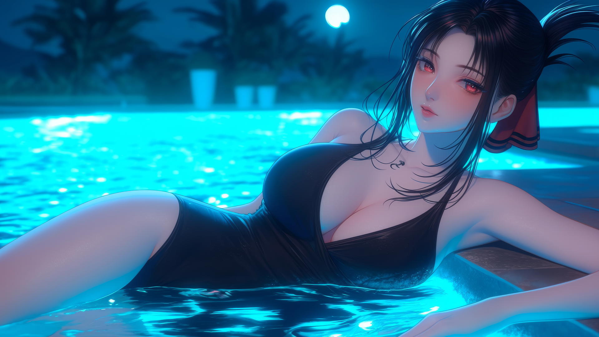 Kaguya Shinomiya resting by a swimming pool under moonlight