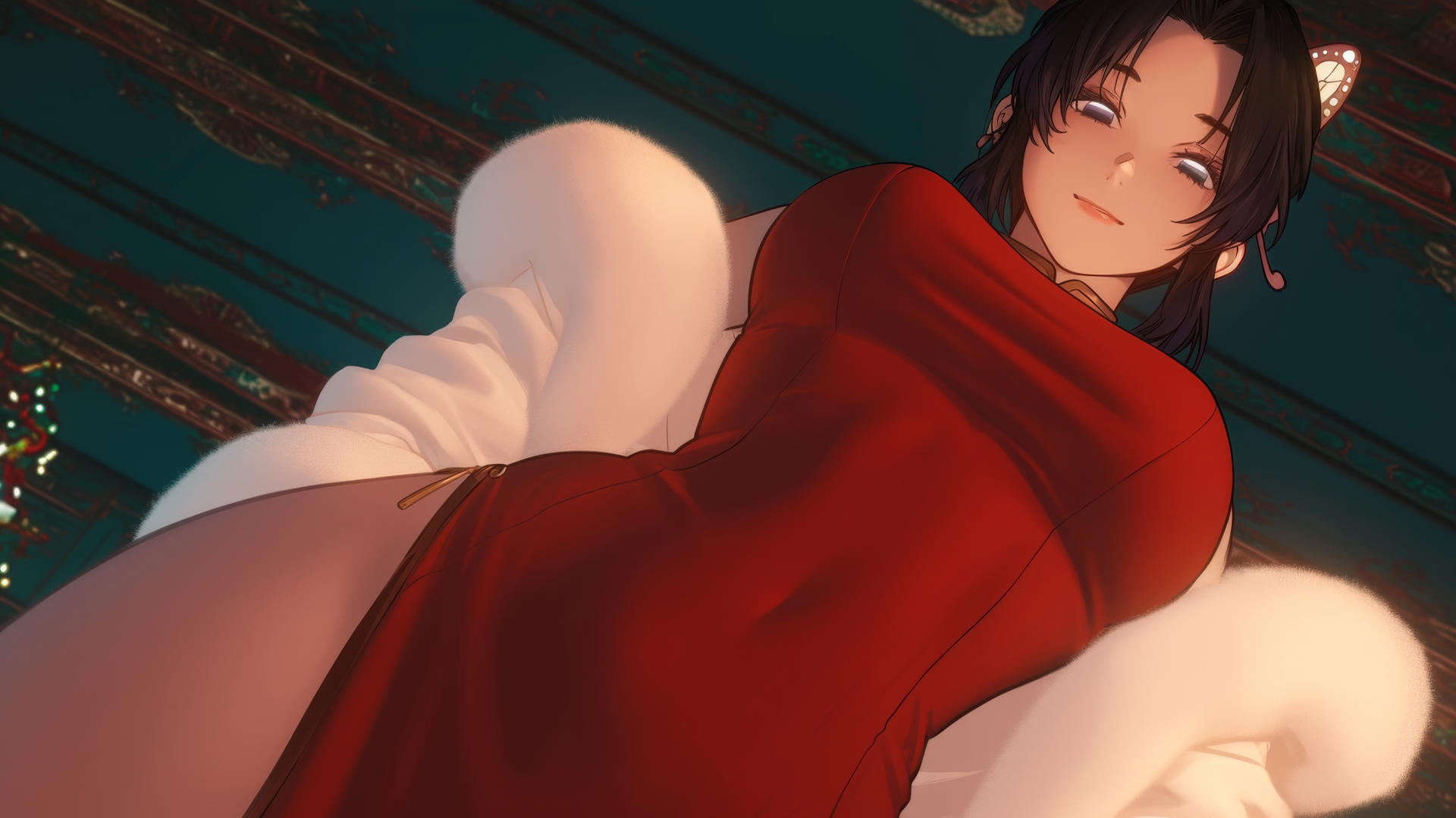 Shinobu Kocho from Demon Slayer in Christmas attire, kneeling and looking down under warm hotel ceiling lighting.