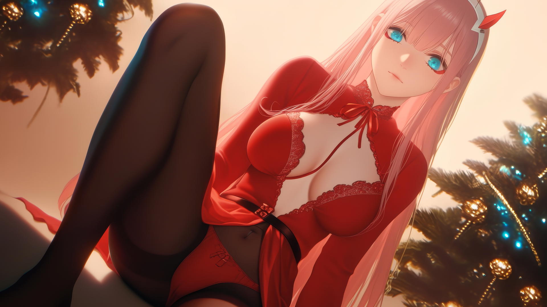 Zero Two from DARLING in the FRANXX kneels under a neon-lit hotel ceiling, looking down.