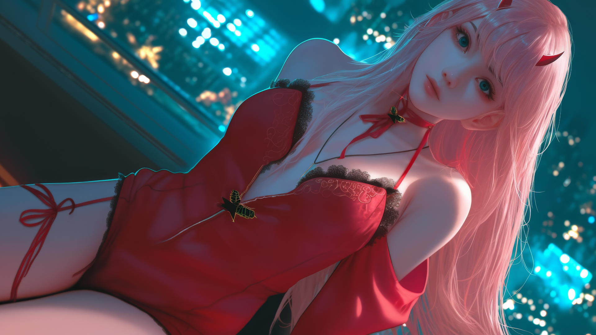 Zero Two from DARLING in the FRANXX kneeling, long pink hair, hotel ceiling background, warm neon light