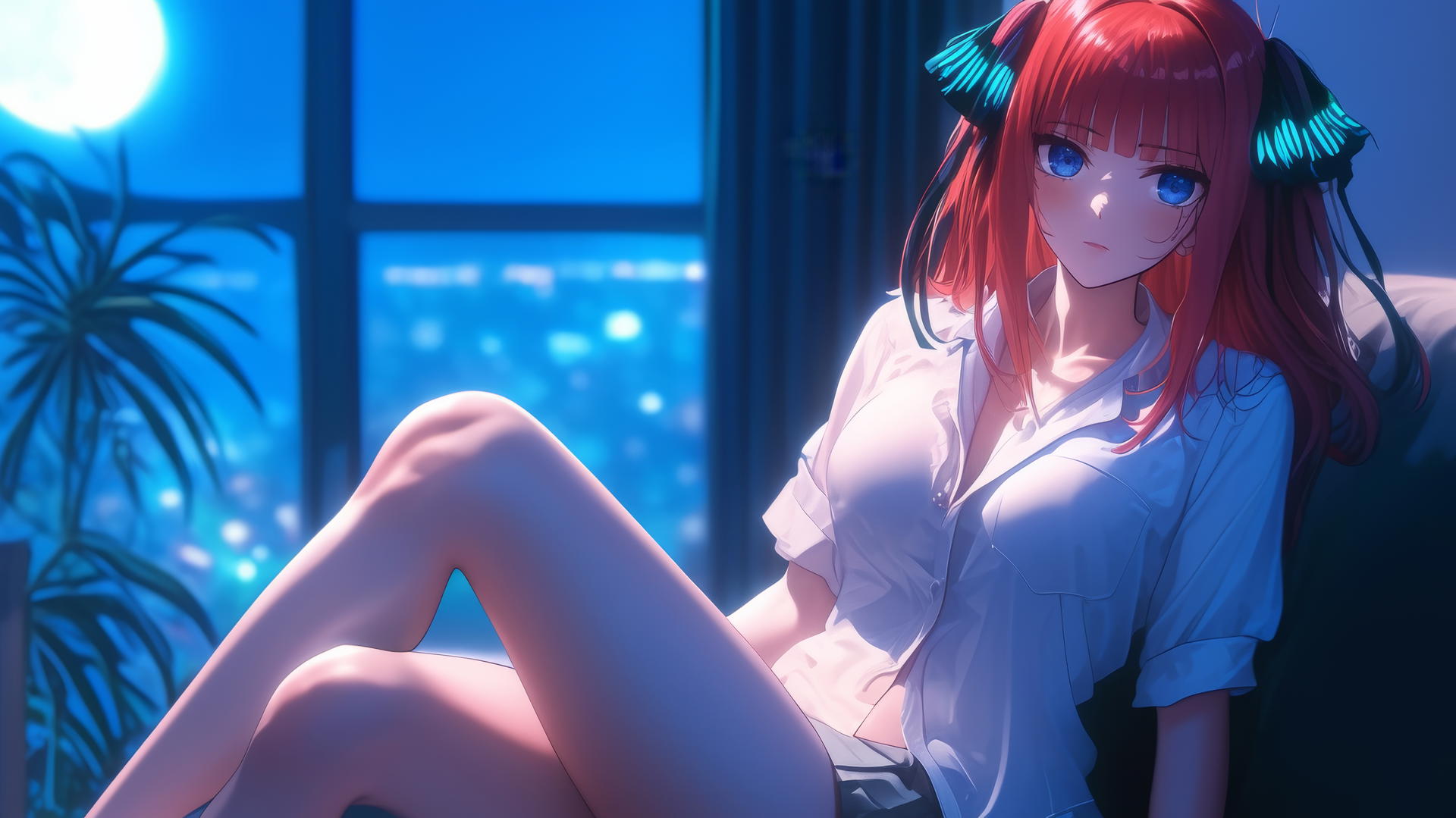 Nino Nakano in a JK uniform resting in a modern hotel room, moonlight glow