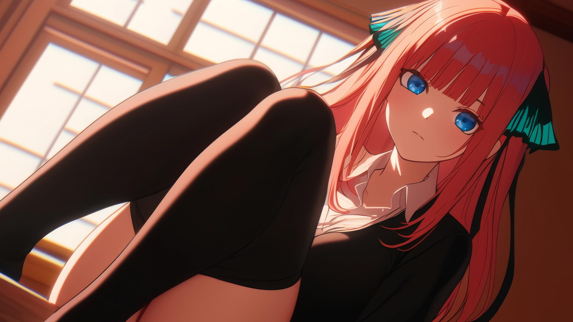 Nino Nakano in jk uniform kneeling with dark blue eyes and reddish pink hair, seen from below with ceiling in the background.
