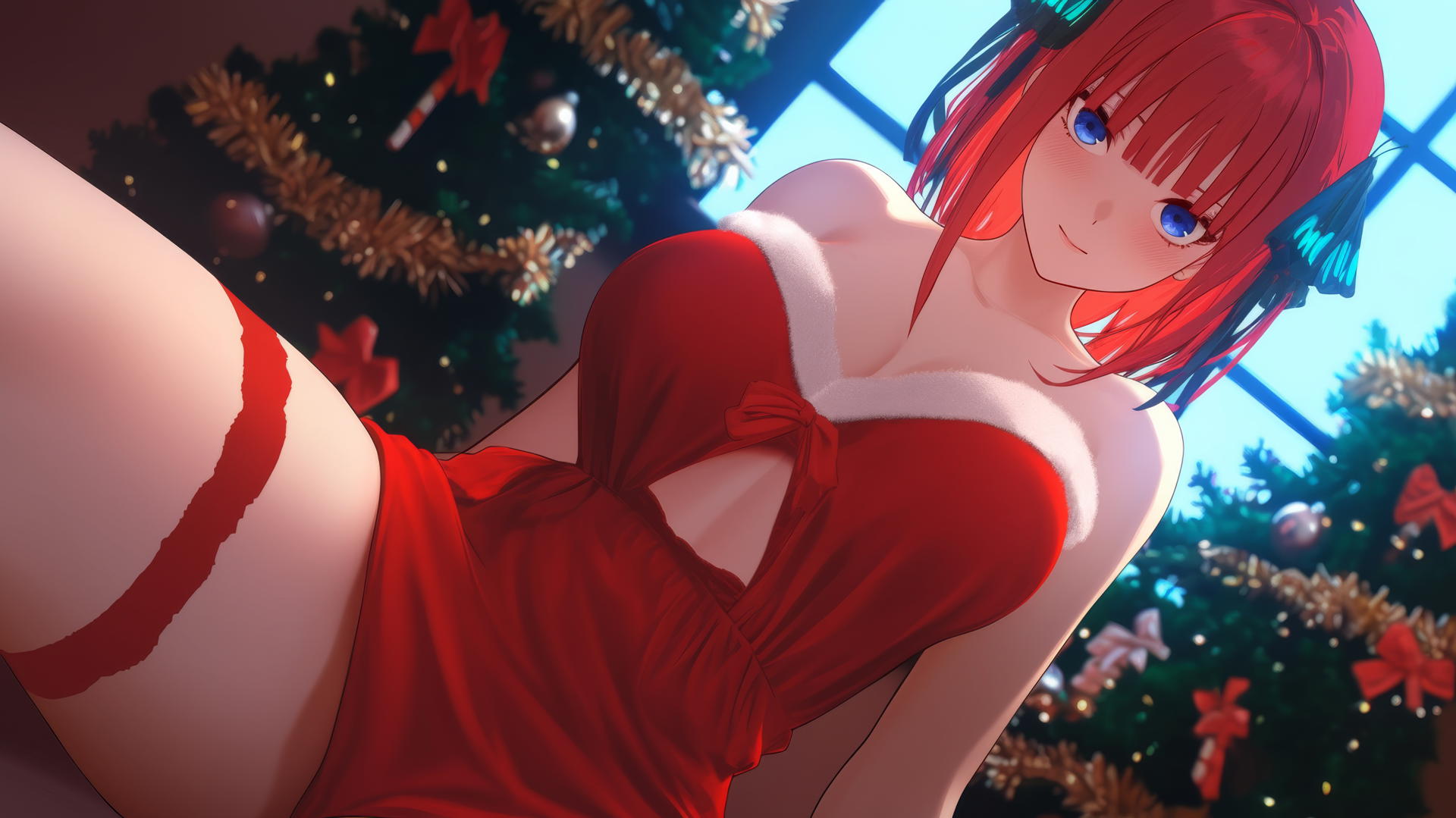 Nino Nakano in Christmas style red, kneeling, leaning, dark blue eyes, reddish pink hair, ceiling background