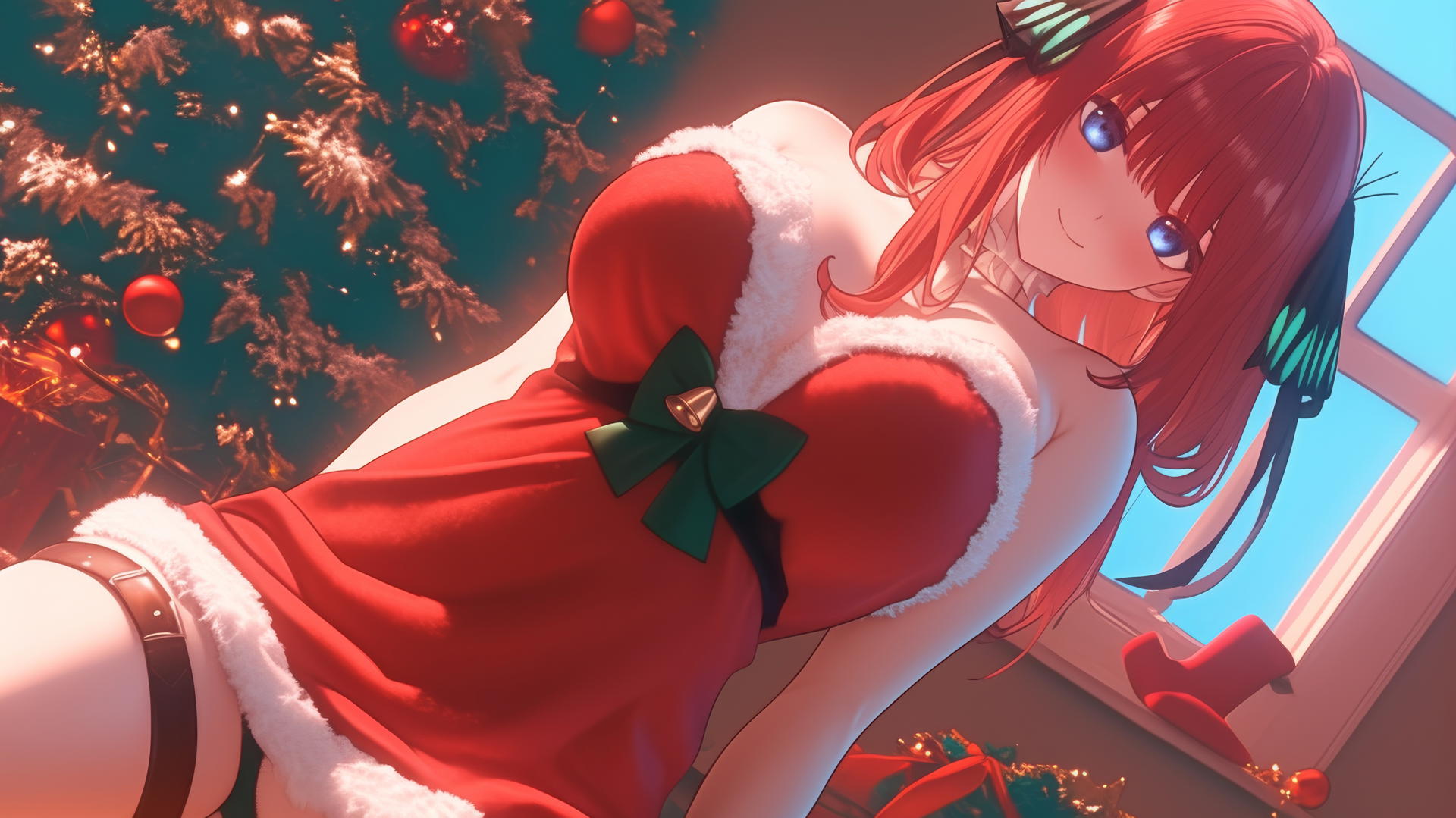 Nino Nakano from Tsundere, kneeling, leaning forward, dark blue eyes, reddish pink hair