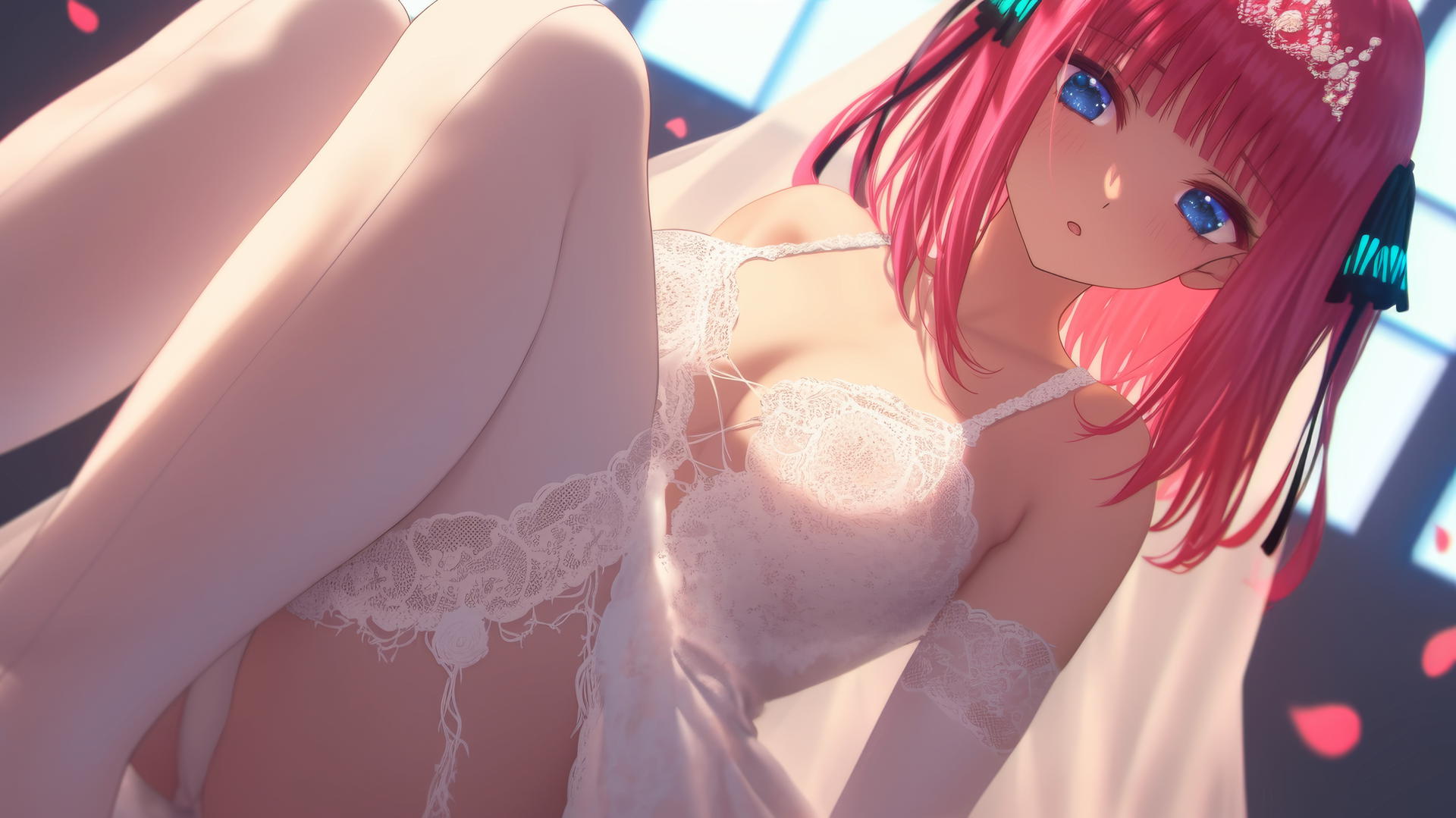 Nino Nakano in a wedding dress kneeling, leaning forward, with dark blue eyes and reddish pink hair, warmly lit.