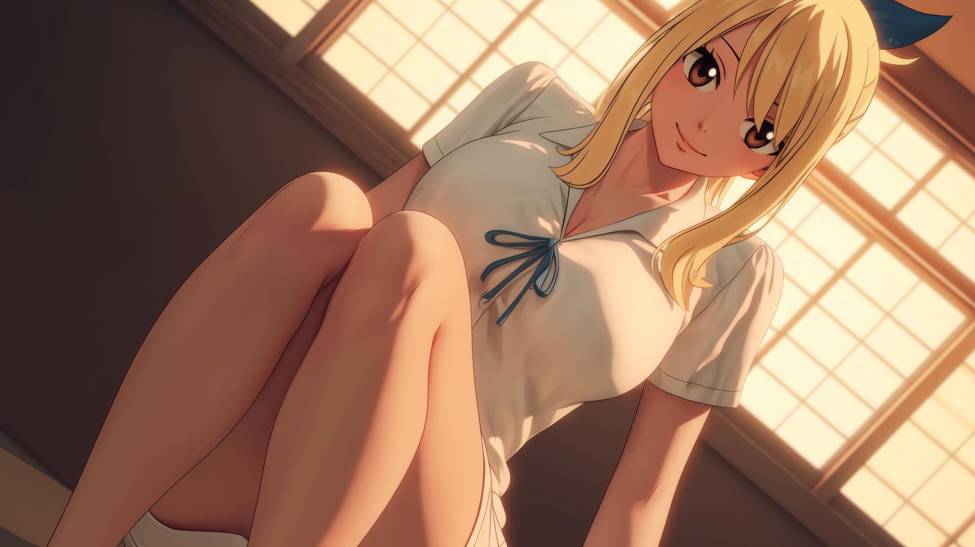 Lucy Heartfilia as a nurse, kneeling and leaning forward, with warm light and a ceiling background.