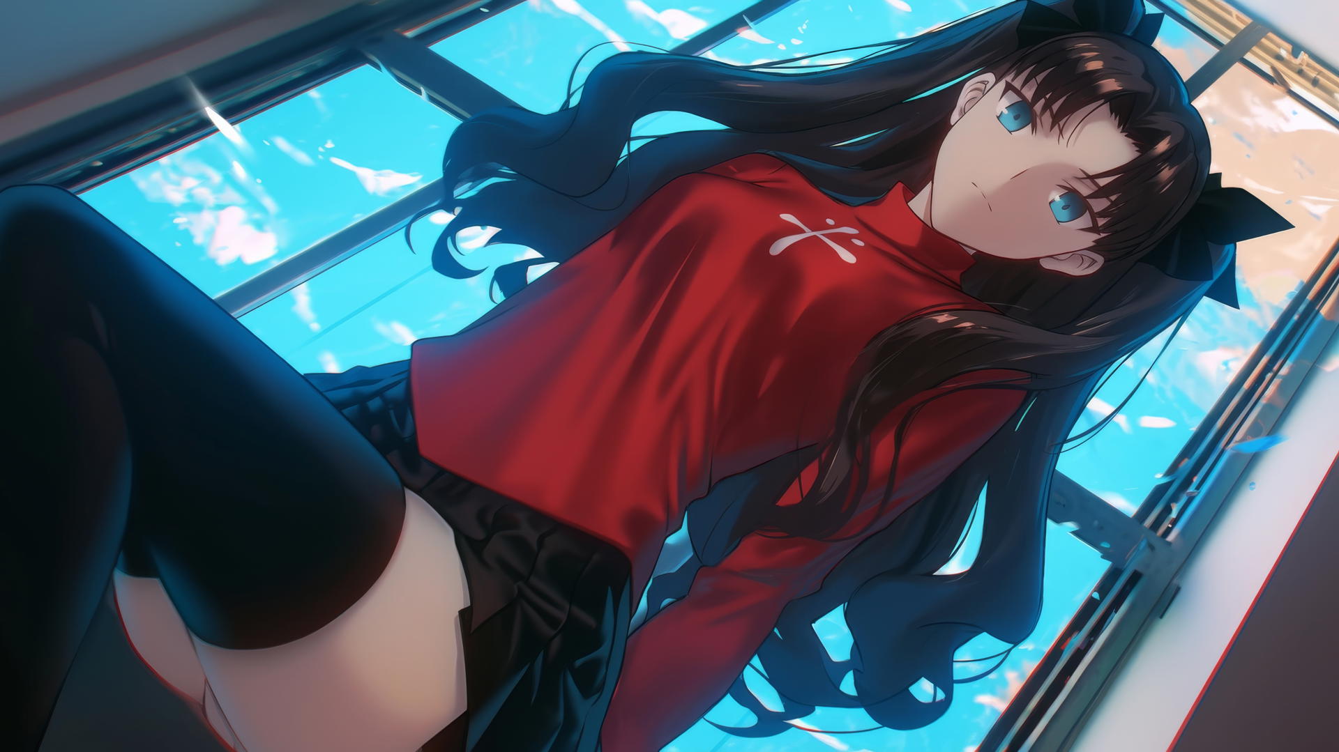 Rin Tohsaka kneeling and leaning forward with a warm light glow and ceiling background