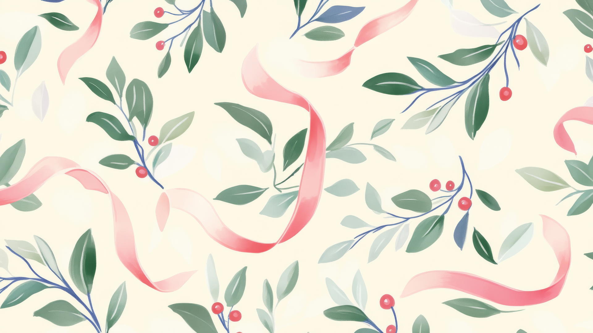 Cute preppy Christmas wallpaper with mistletoe and ribbons in pastels on cream