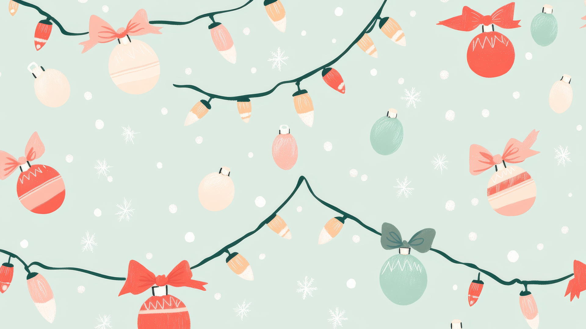 cute preppy Christmas wallpaper with pastel Christmas lights, baubles, and bows on a mint background